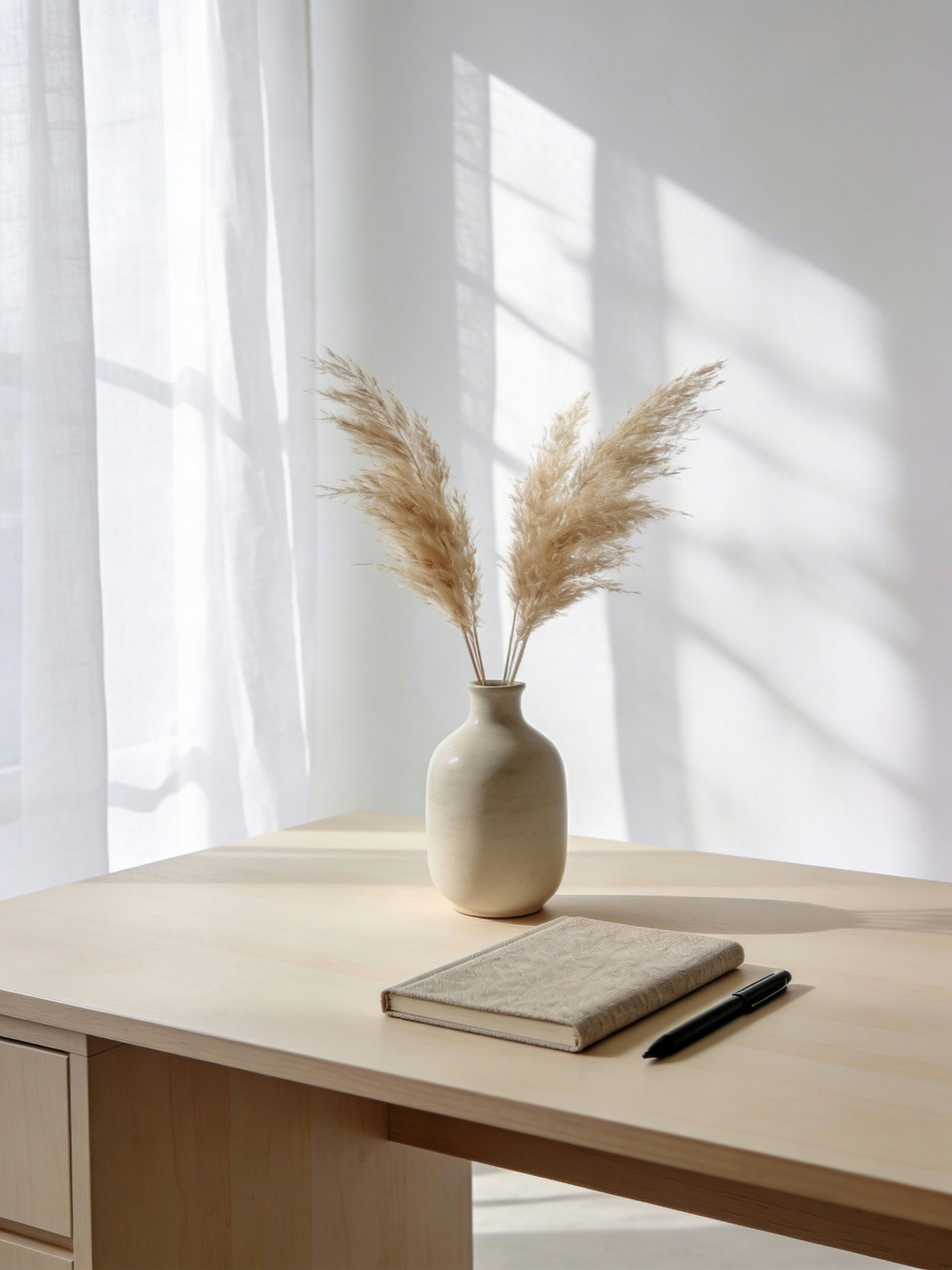 Dried grasses in a ceramic vase on a sunlit shelf