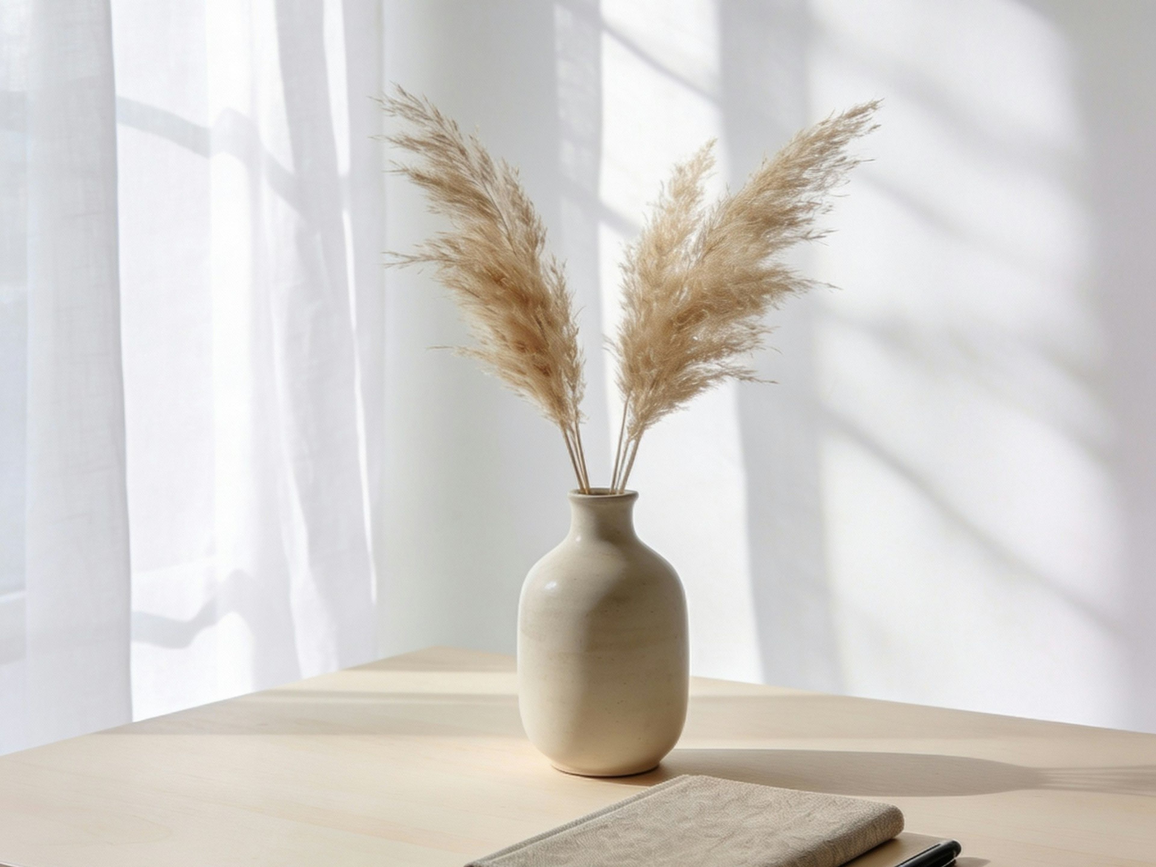Dried grasses in a ceramic vase on a sunlit shelf