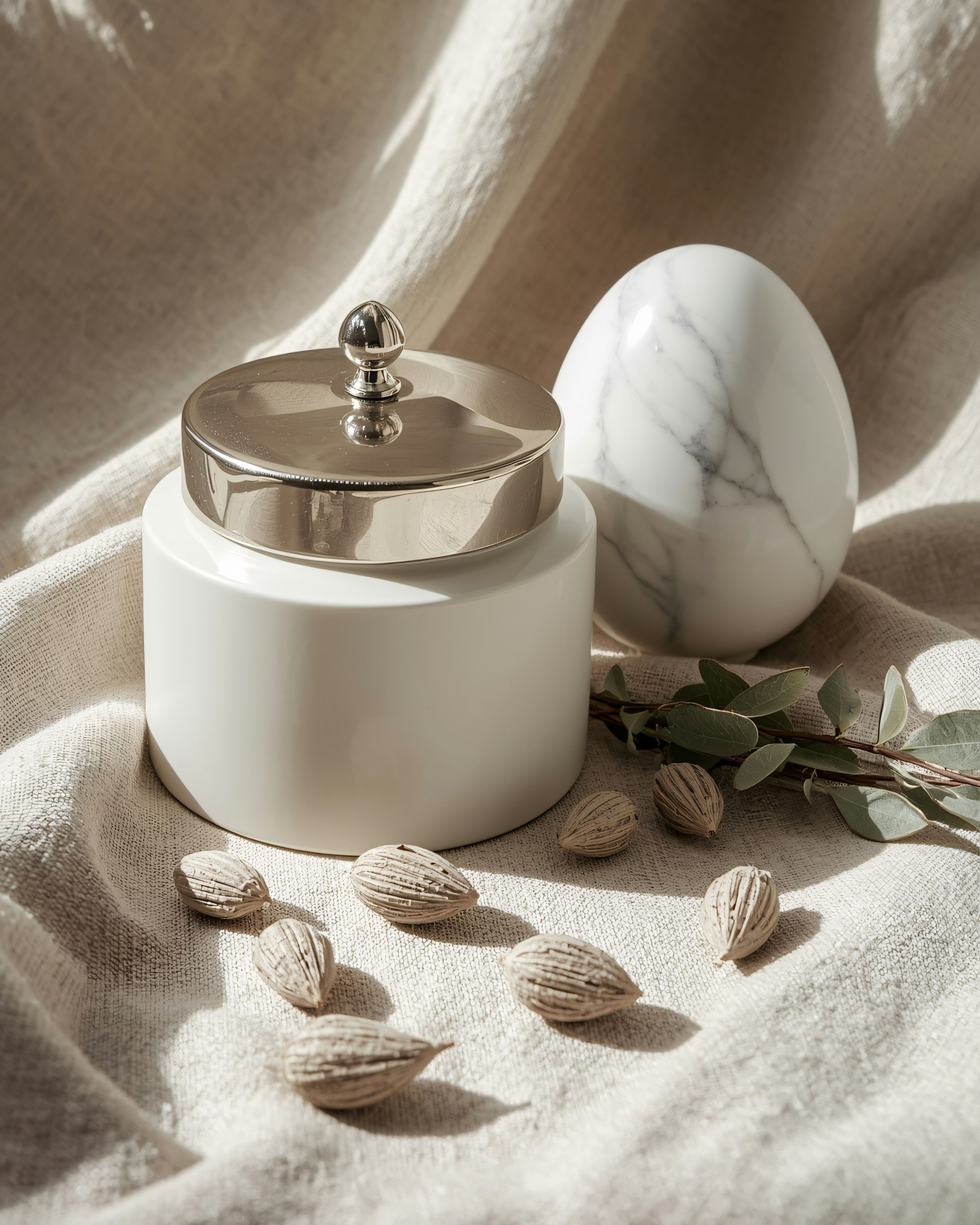 Ceramic objects and marble on soft linen