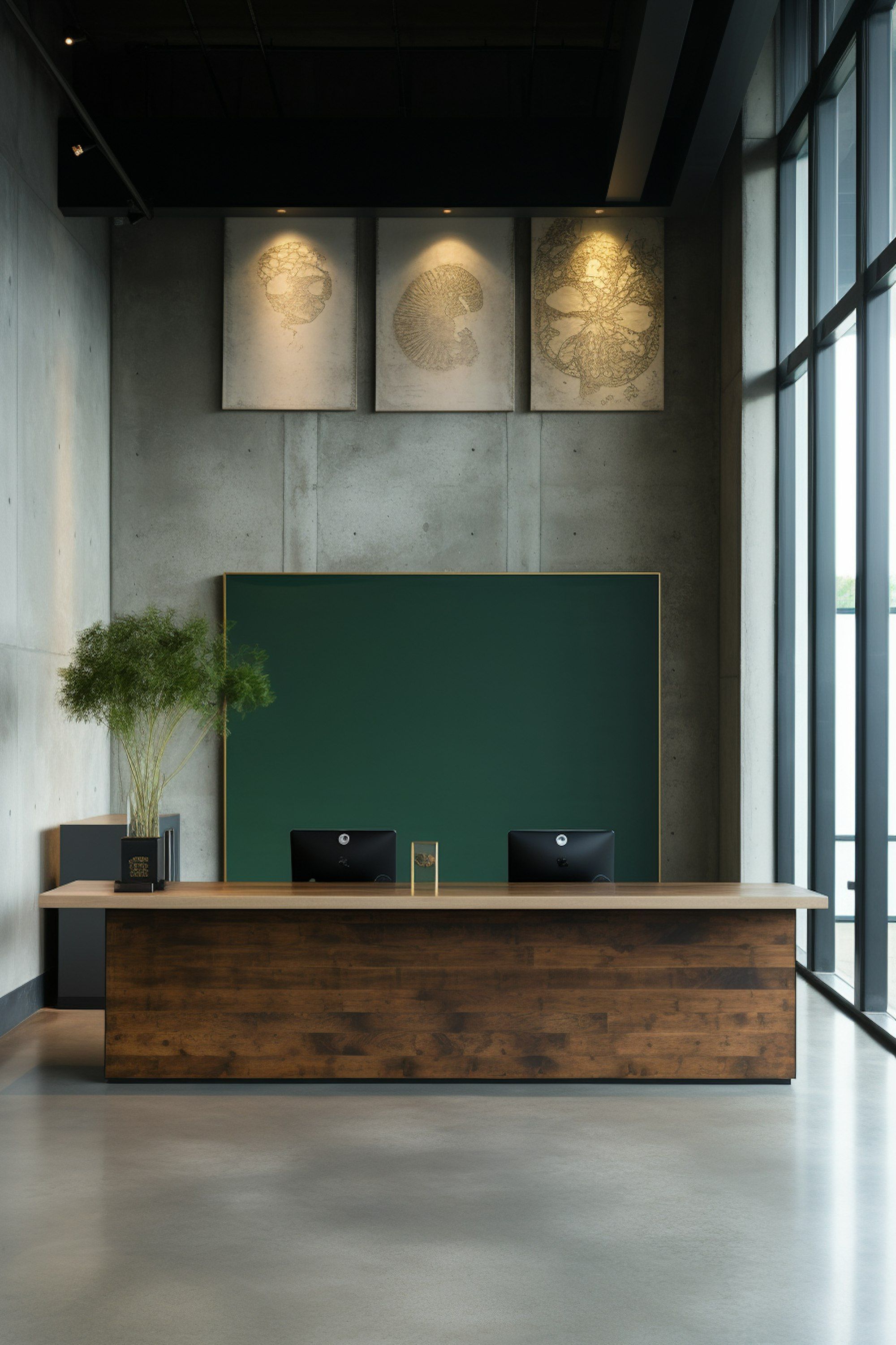 A calm office reception with timber panels and soft lighting