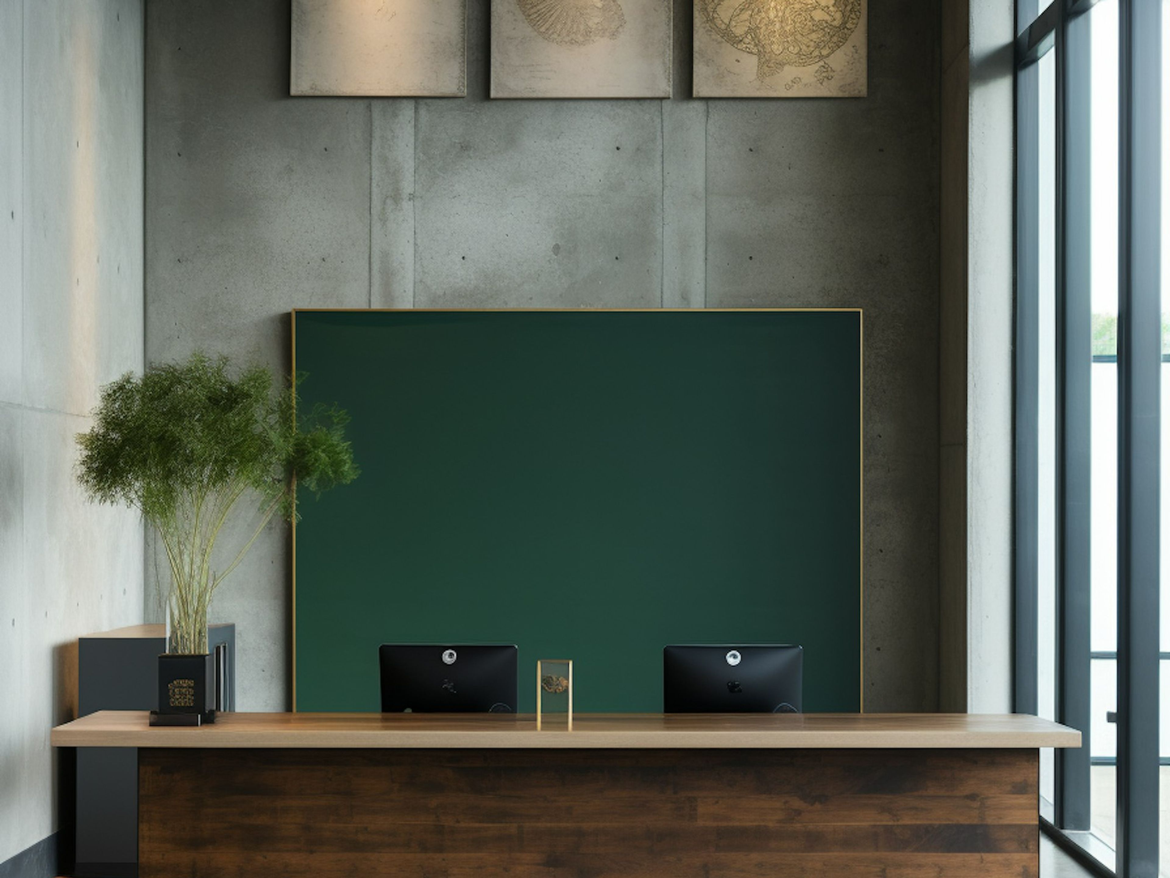 A calm office reception with timber panels and soft lighting
