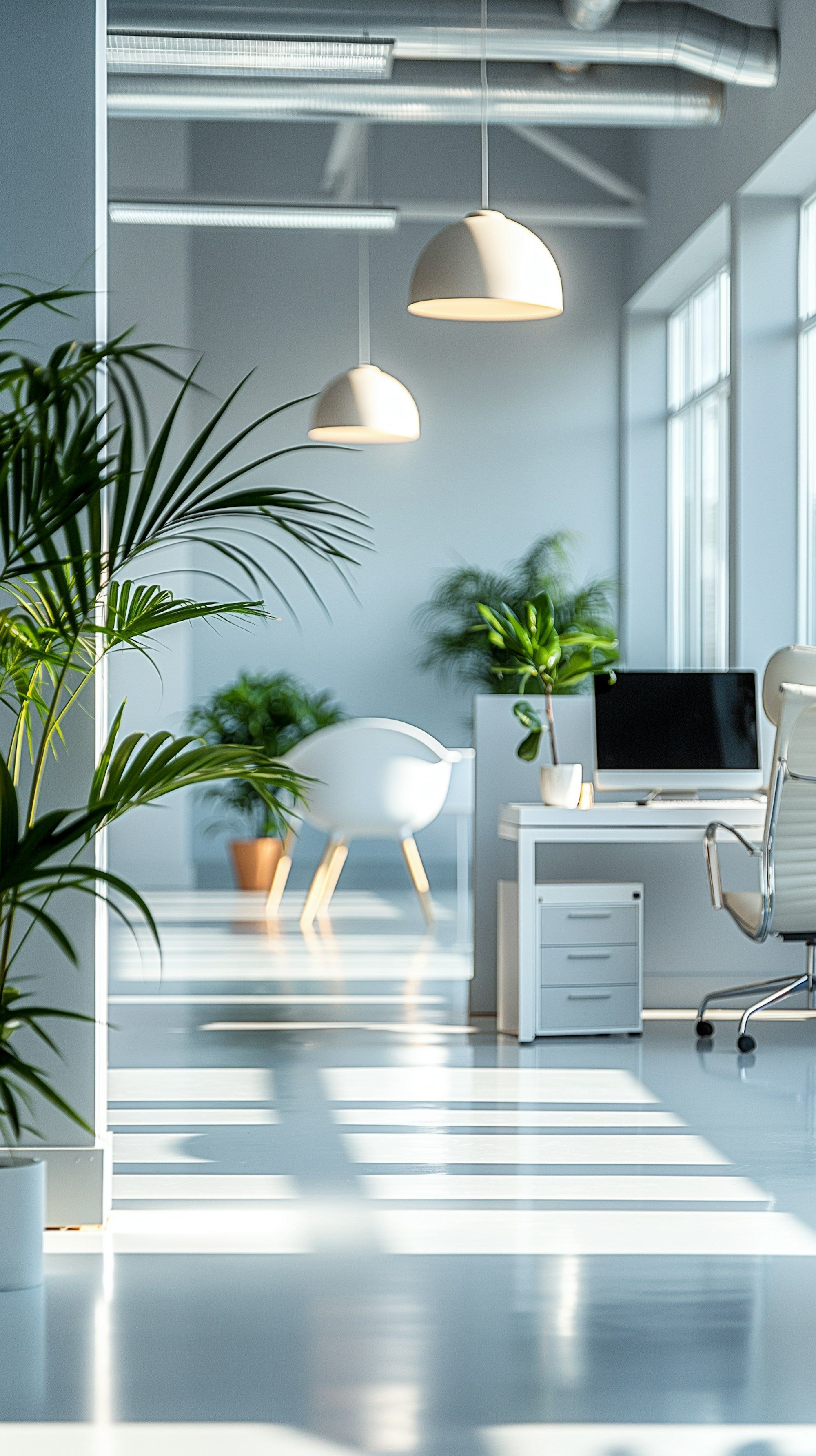 A bright open-plan office with plants and long desks