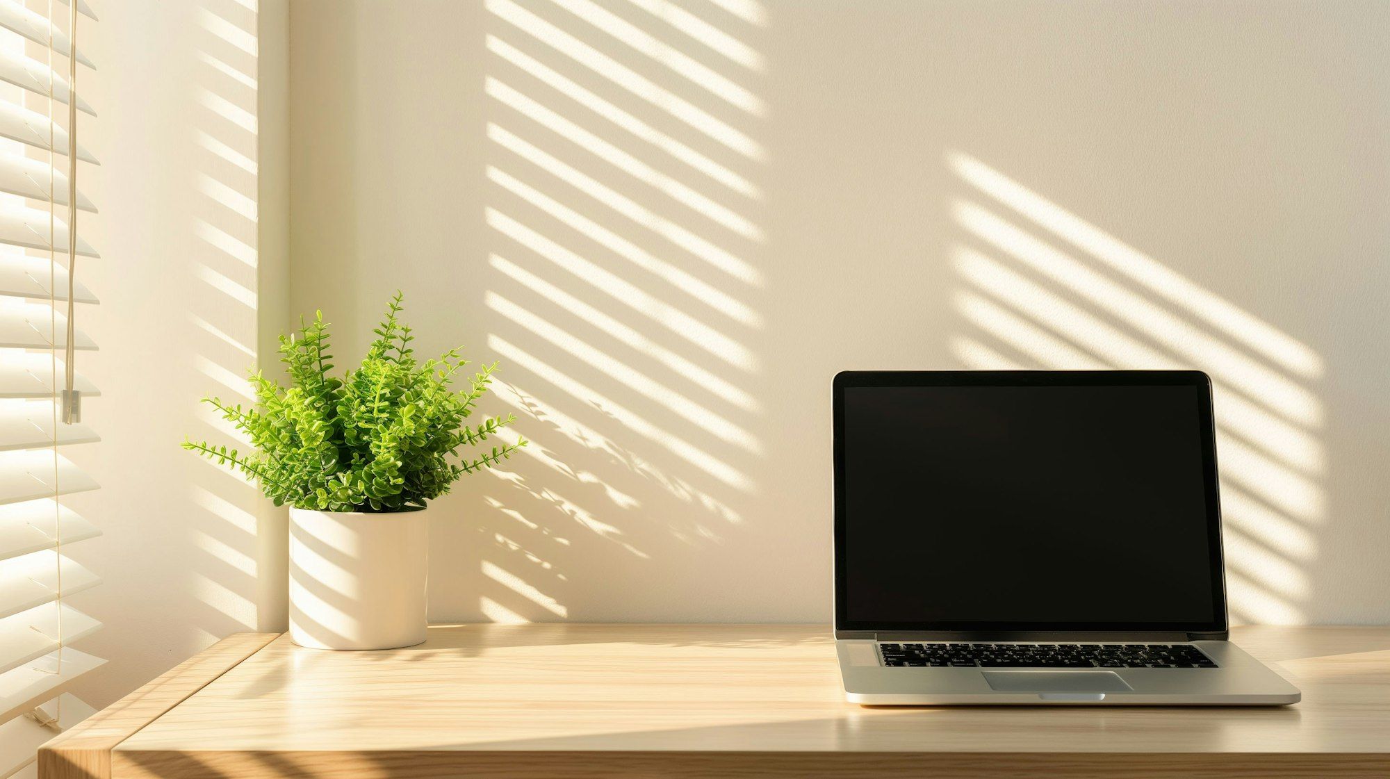 A plant and laptop on a desk in afternoon light