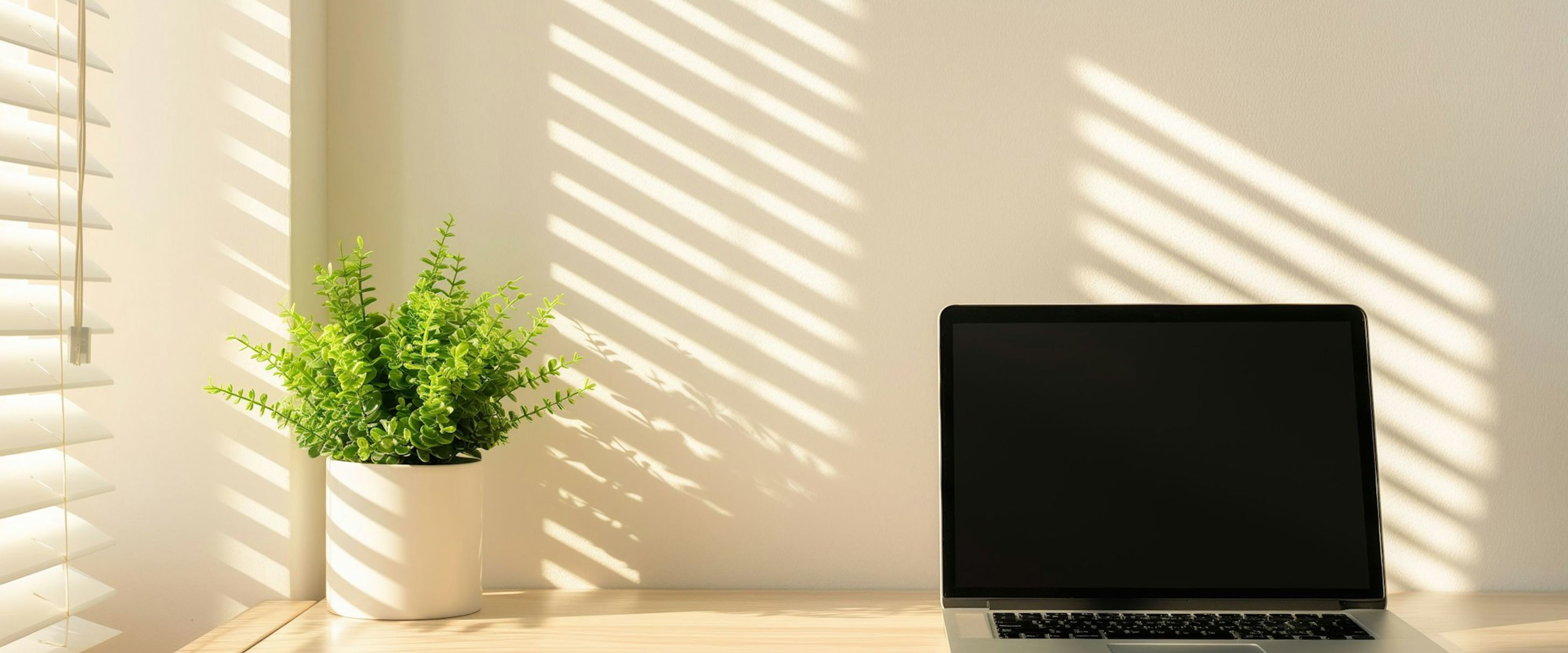 A plant and laptop on a desk in afternoon light