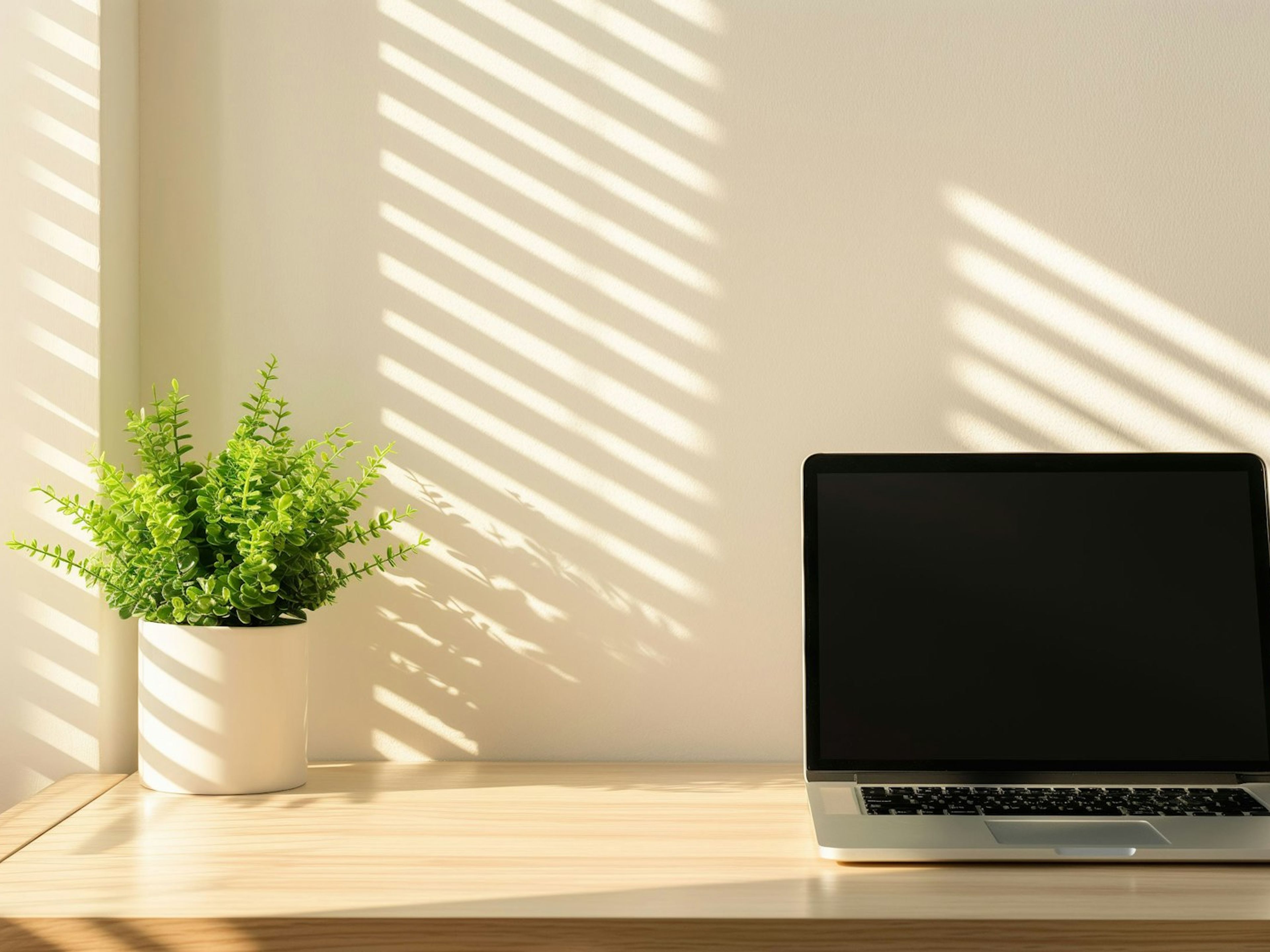 A plant and laptop on a desk in afternoon light