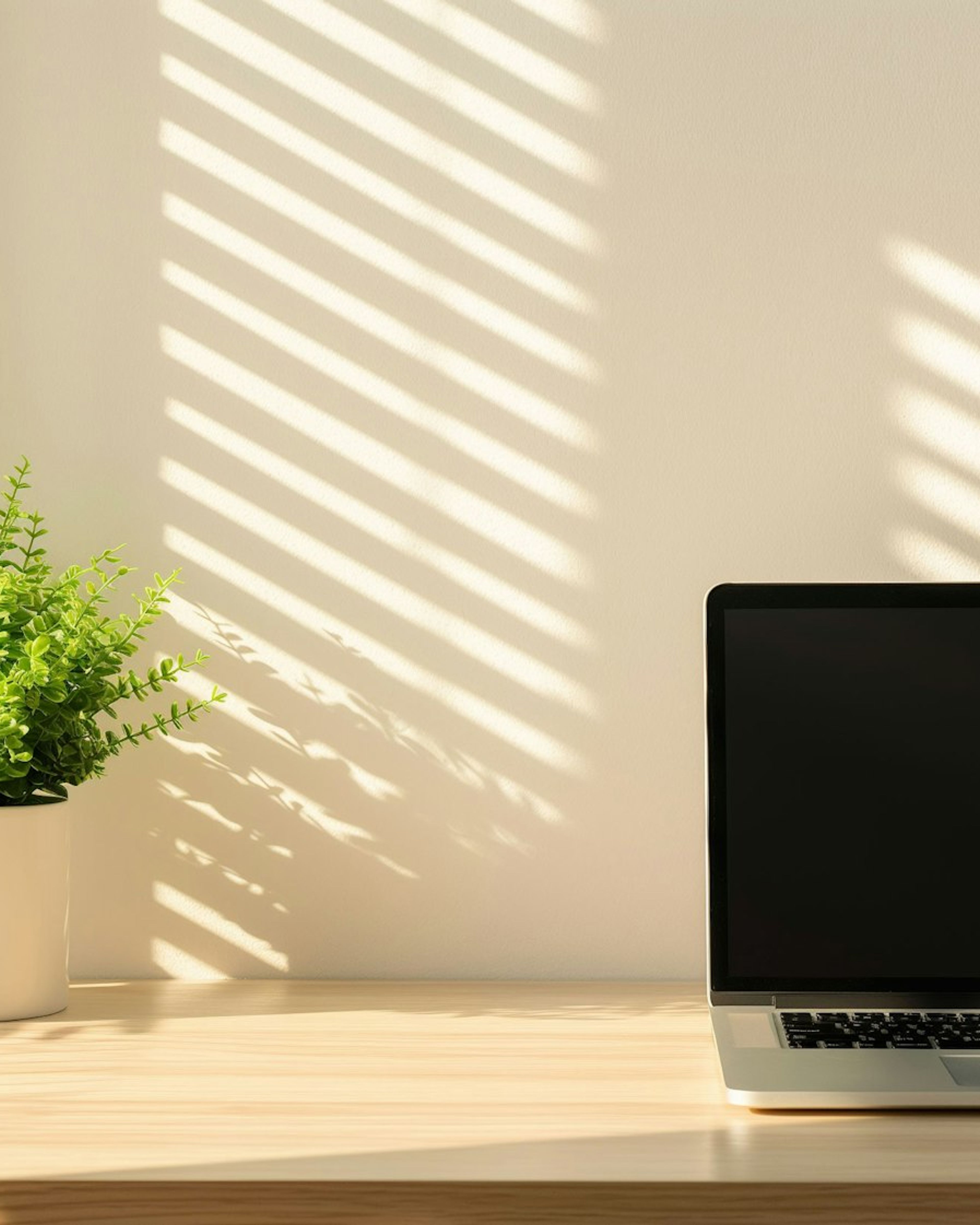 A sunlit desk with a laptop and a small plant