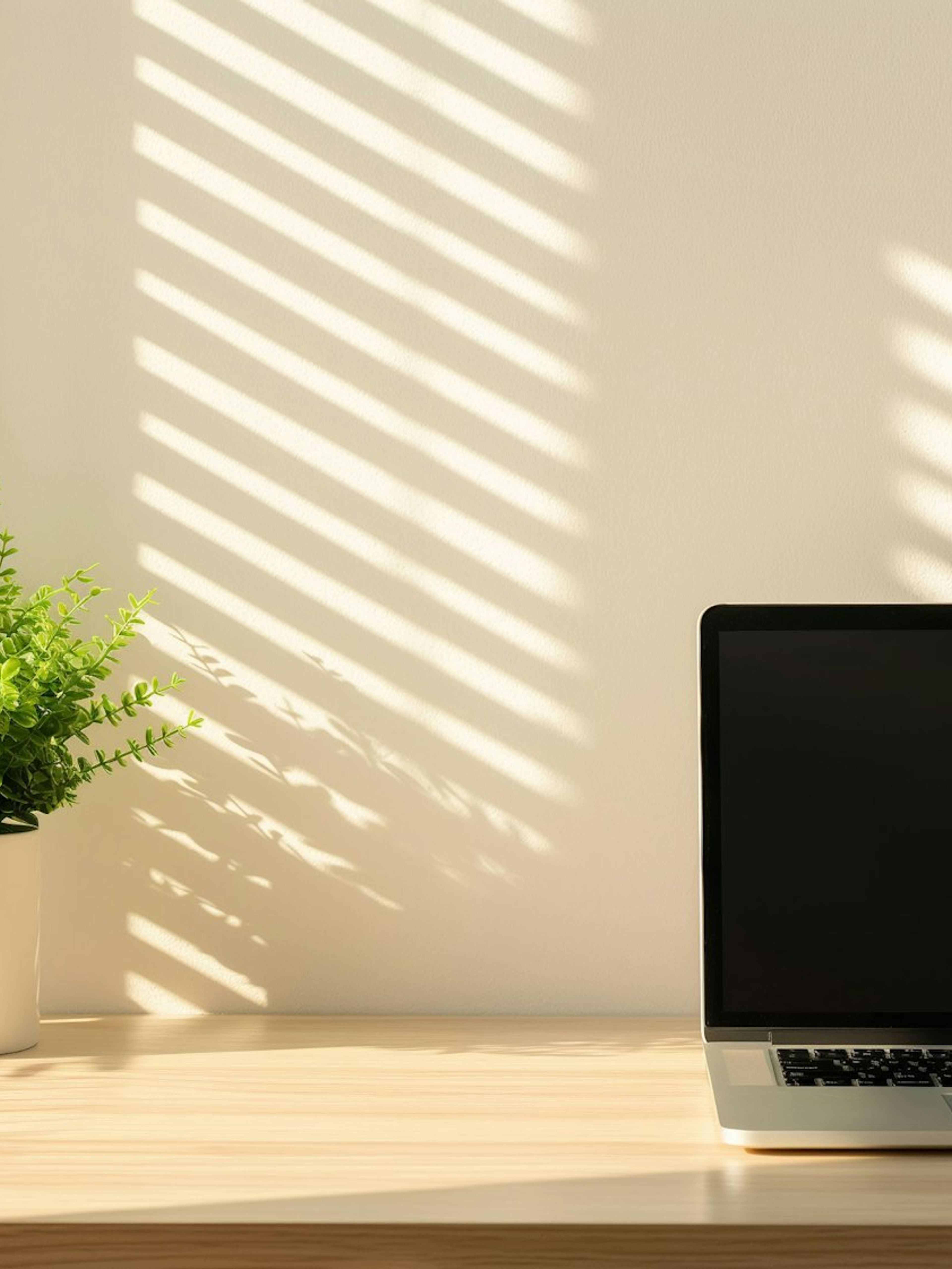 A plant and laptop on a desk in afternoon light