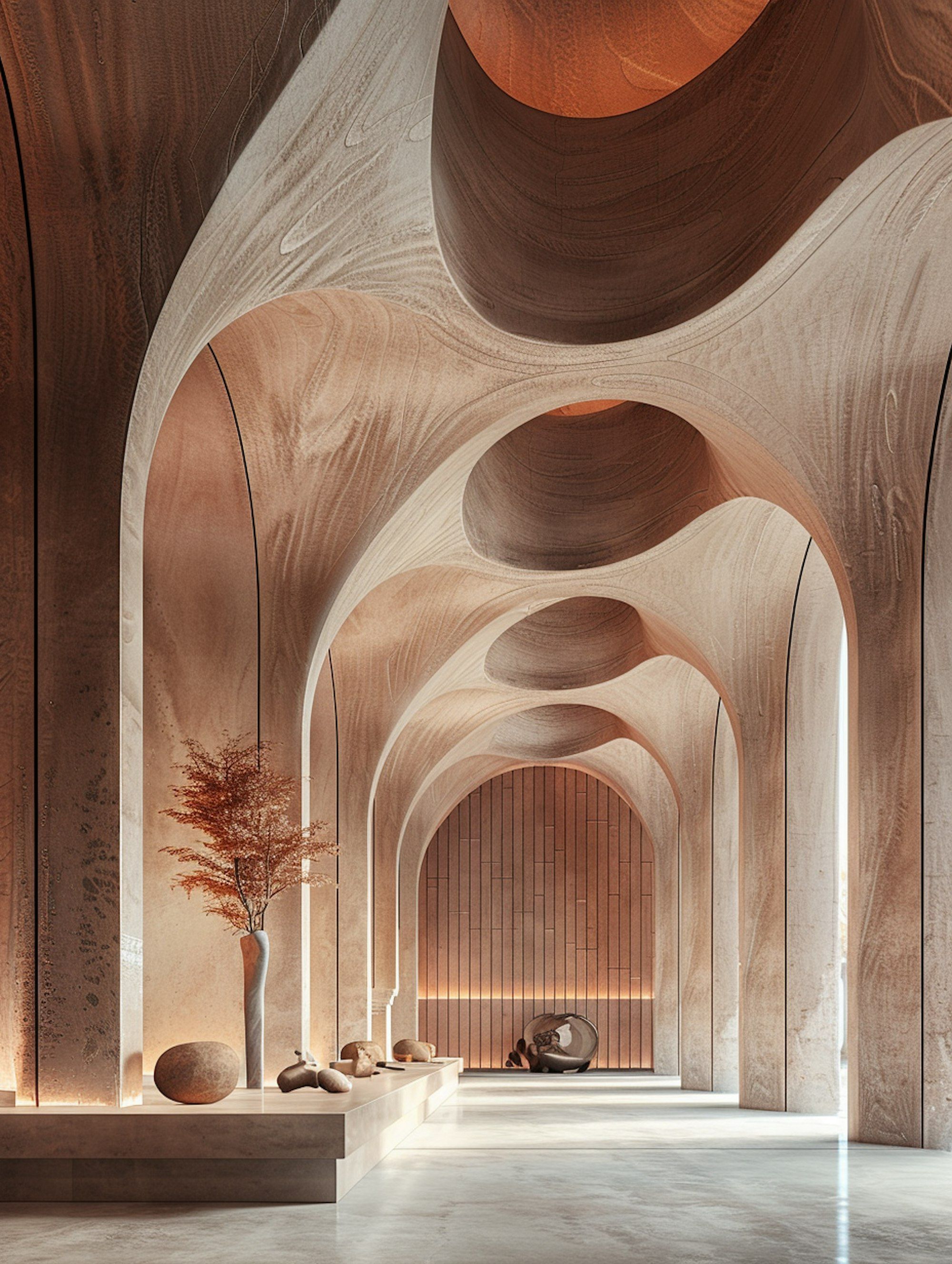 Sculptural arches in a terracotta corridor