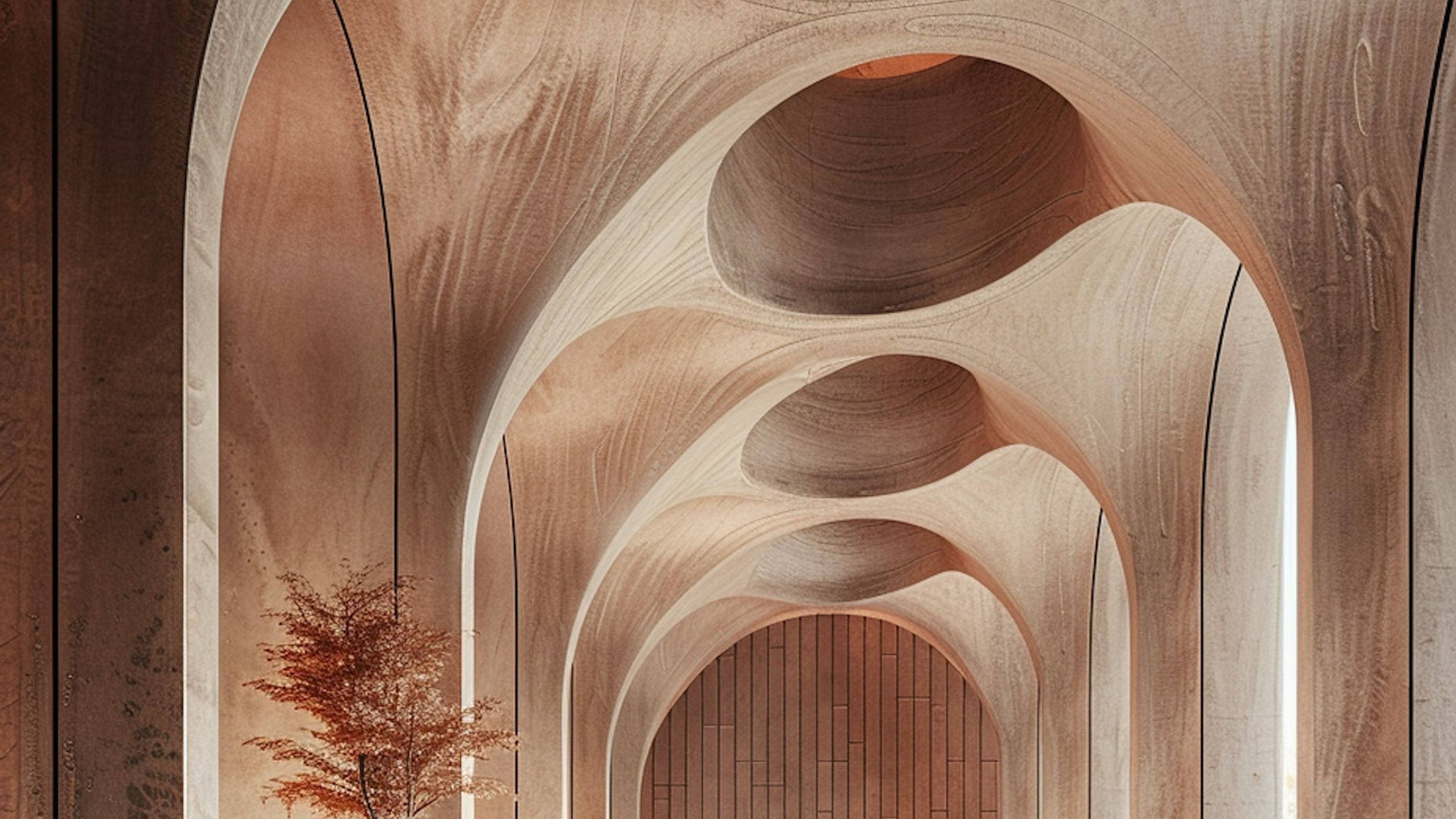 Sculptural arches in a warm terracotta corridor