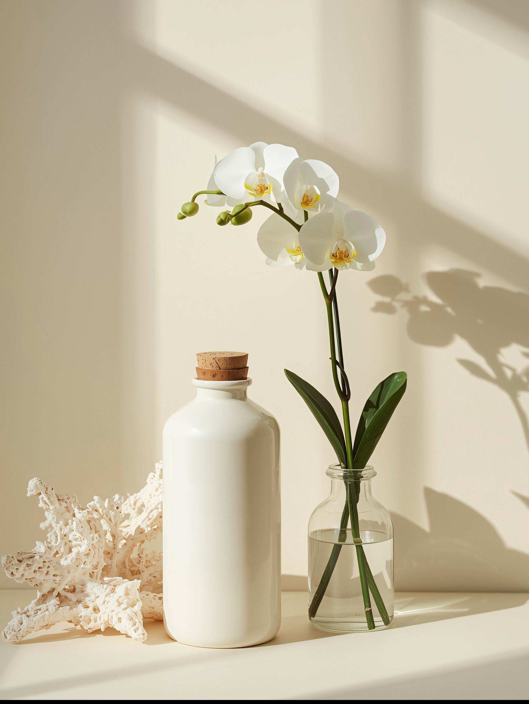 A white orchid in a minimal ceramic pot
