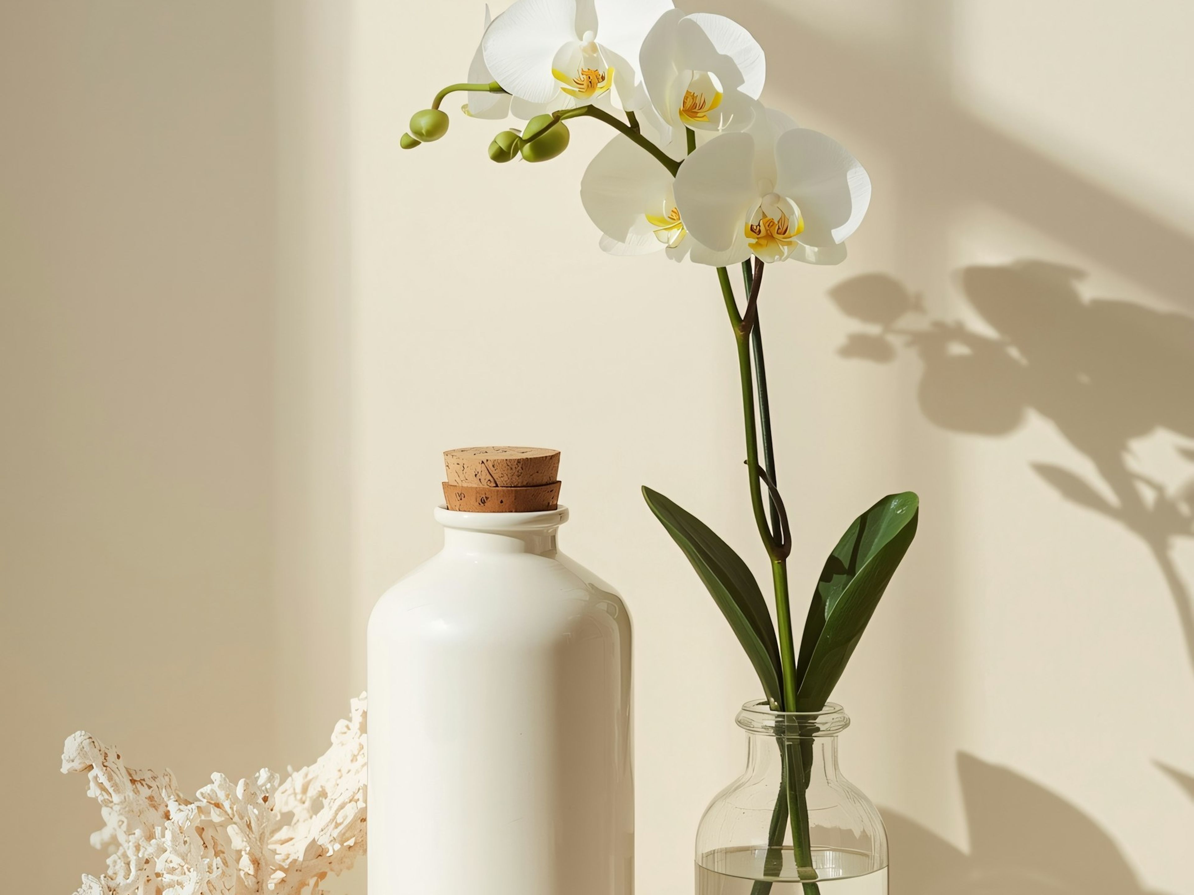 A white orchid in a minimal ceramic pot