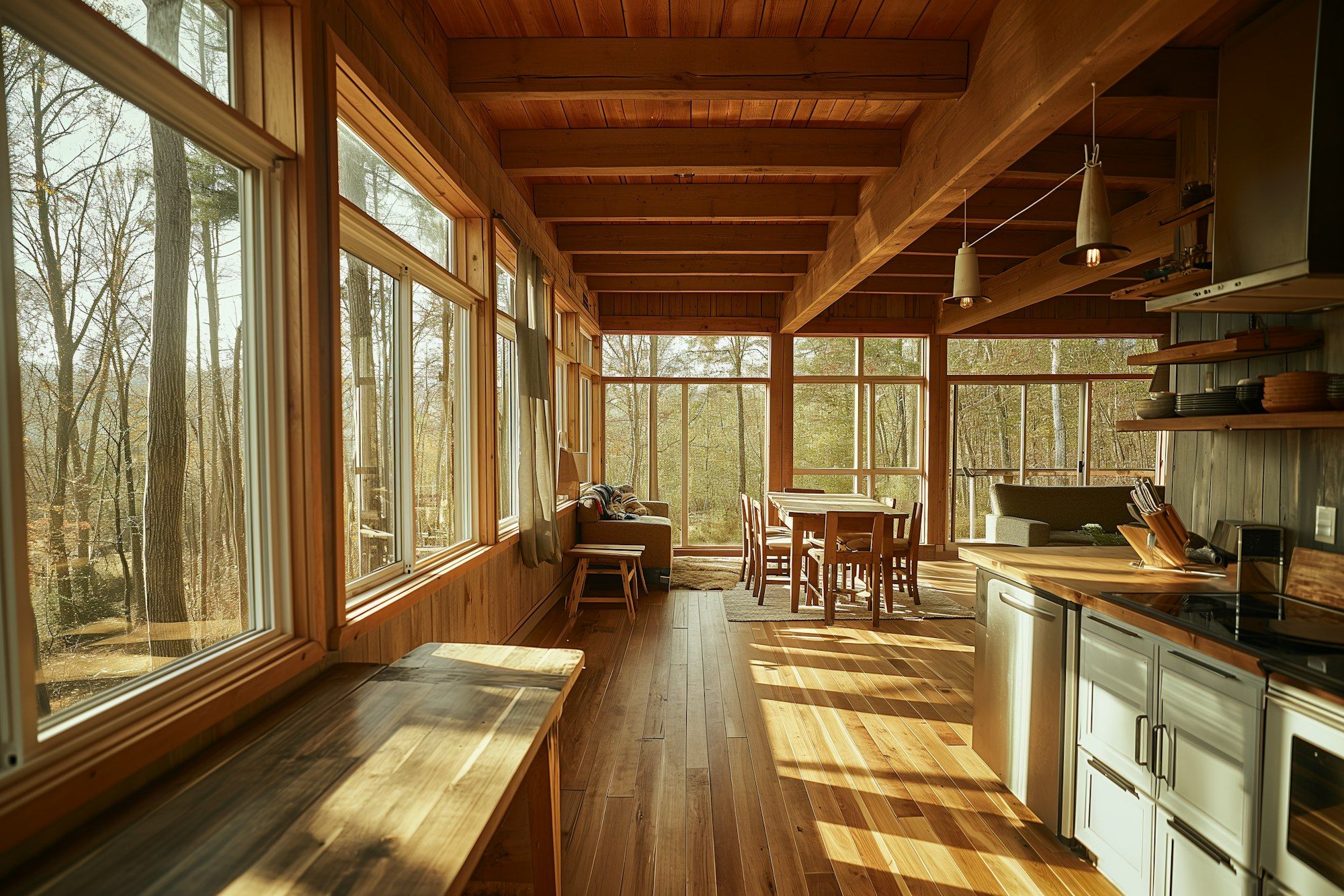 A warm timber cabin interior with tall windows onto the forest