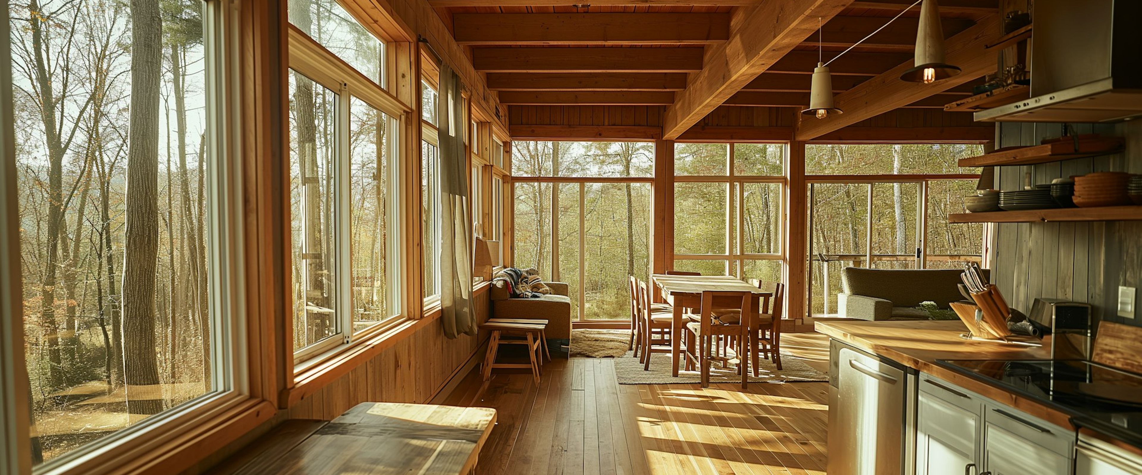 A warm timber cabin interior with tall windows onto the forest