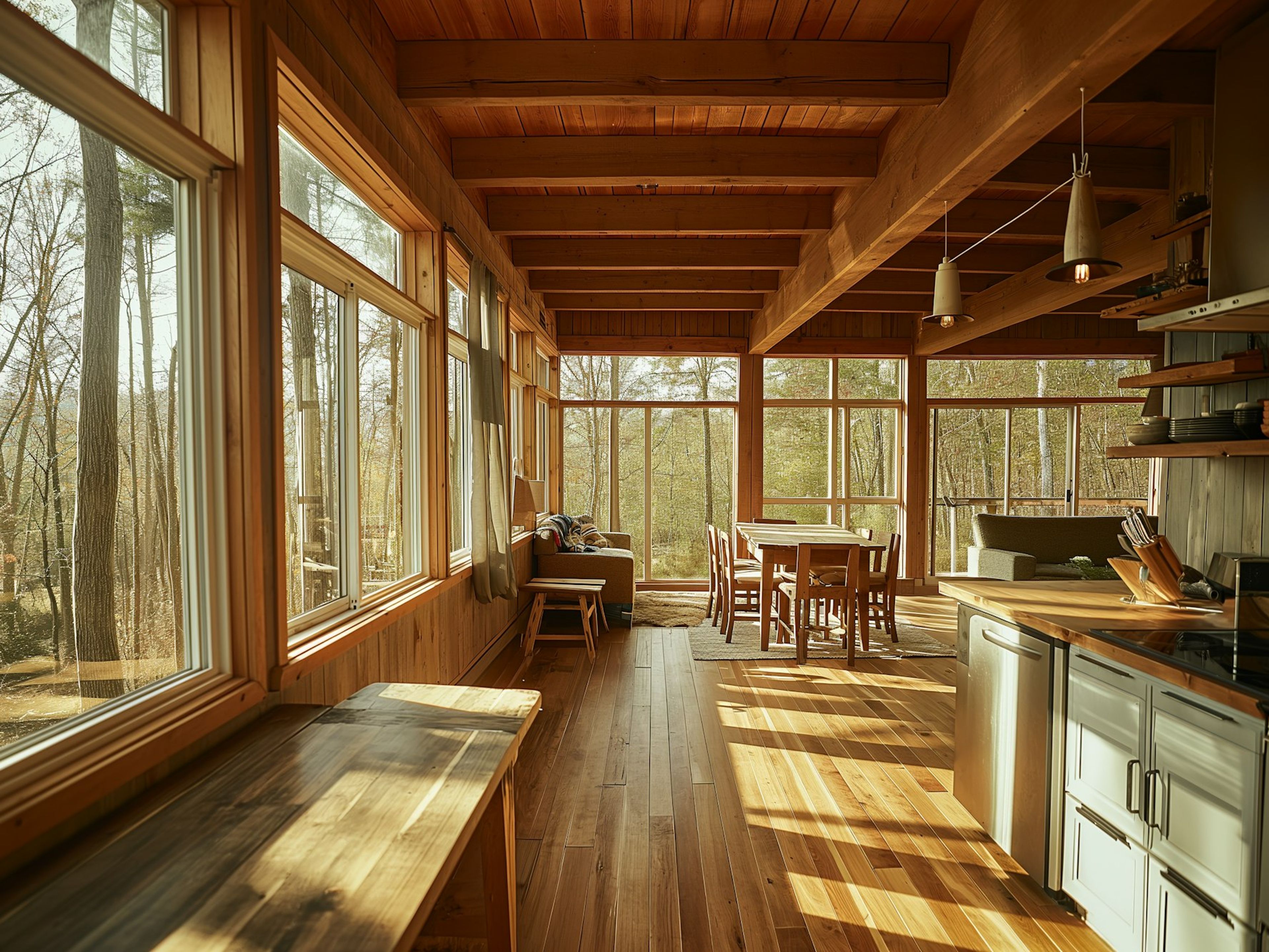 A warm timber cabin interior with tall windows onto the forest