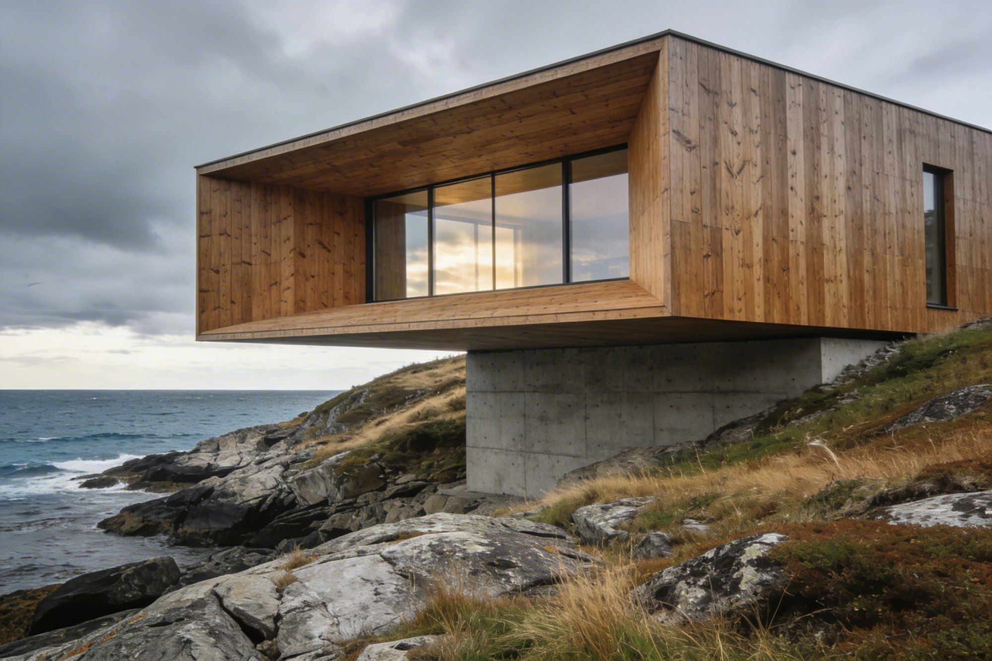 Timber house cantilevered over a rocky coastline