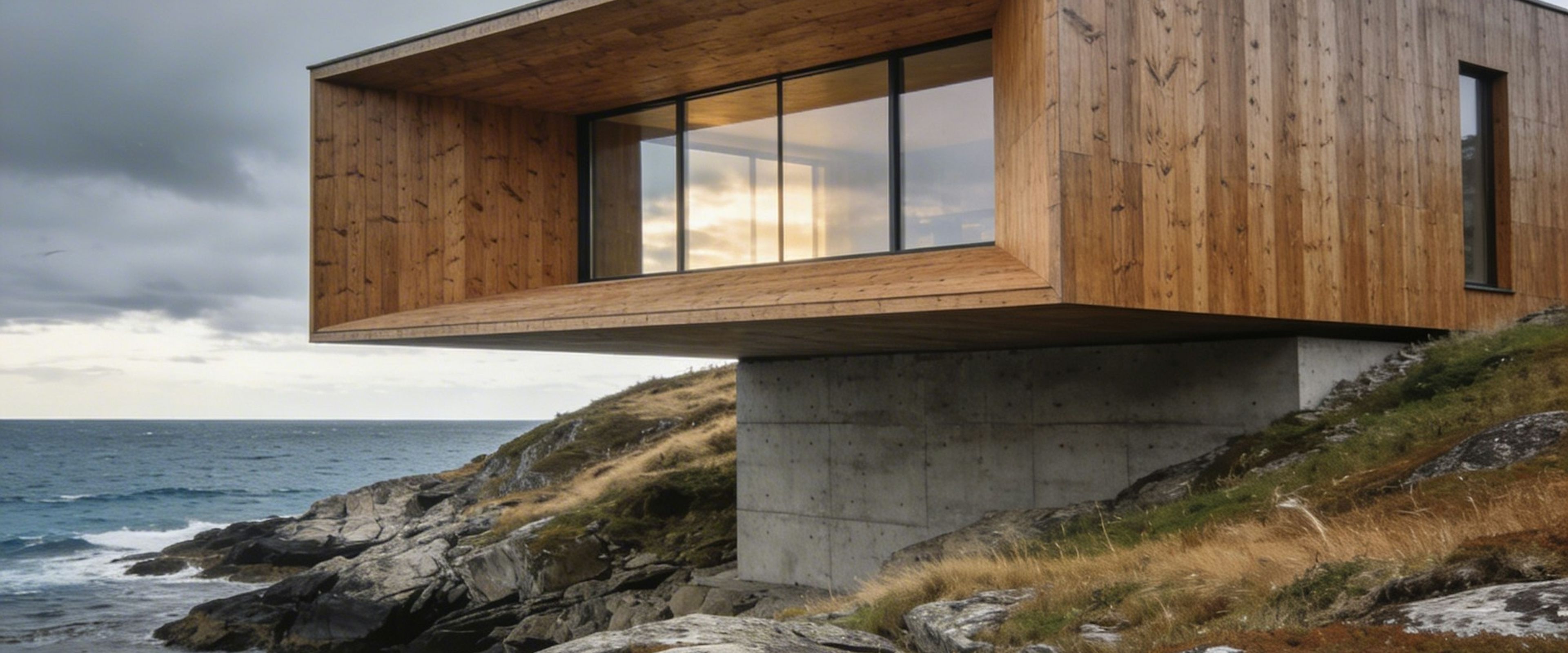 Timber house cantilevered over a rocky coastline