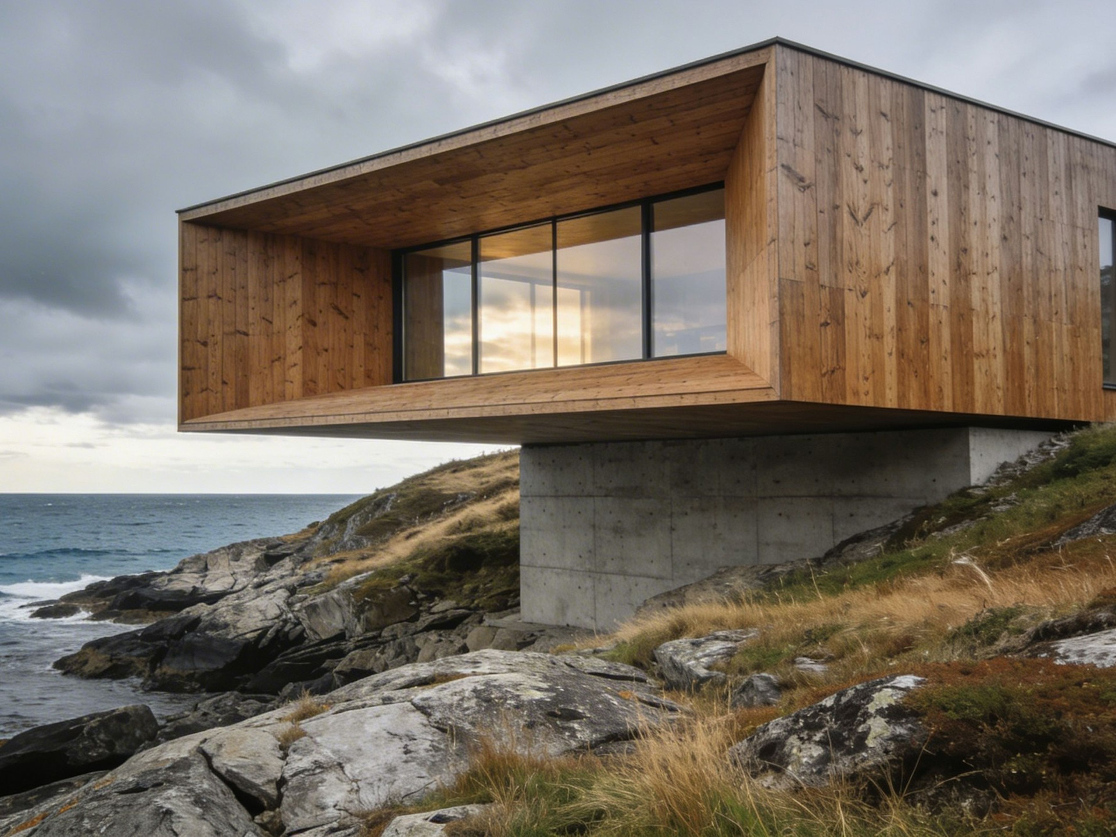 Timber house cantilevered over a rocky coastline