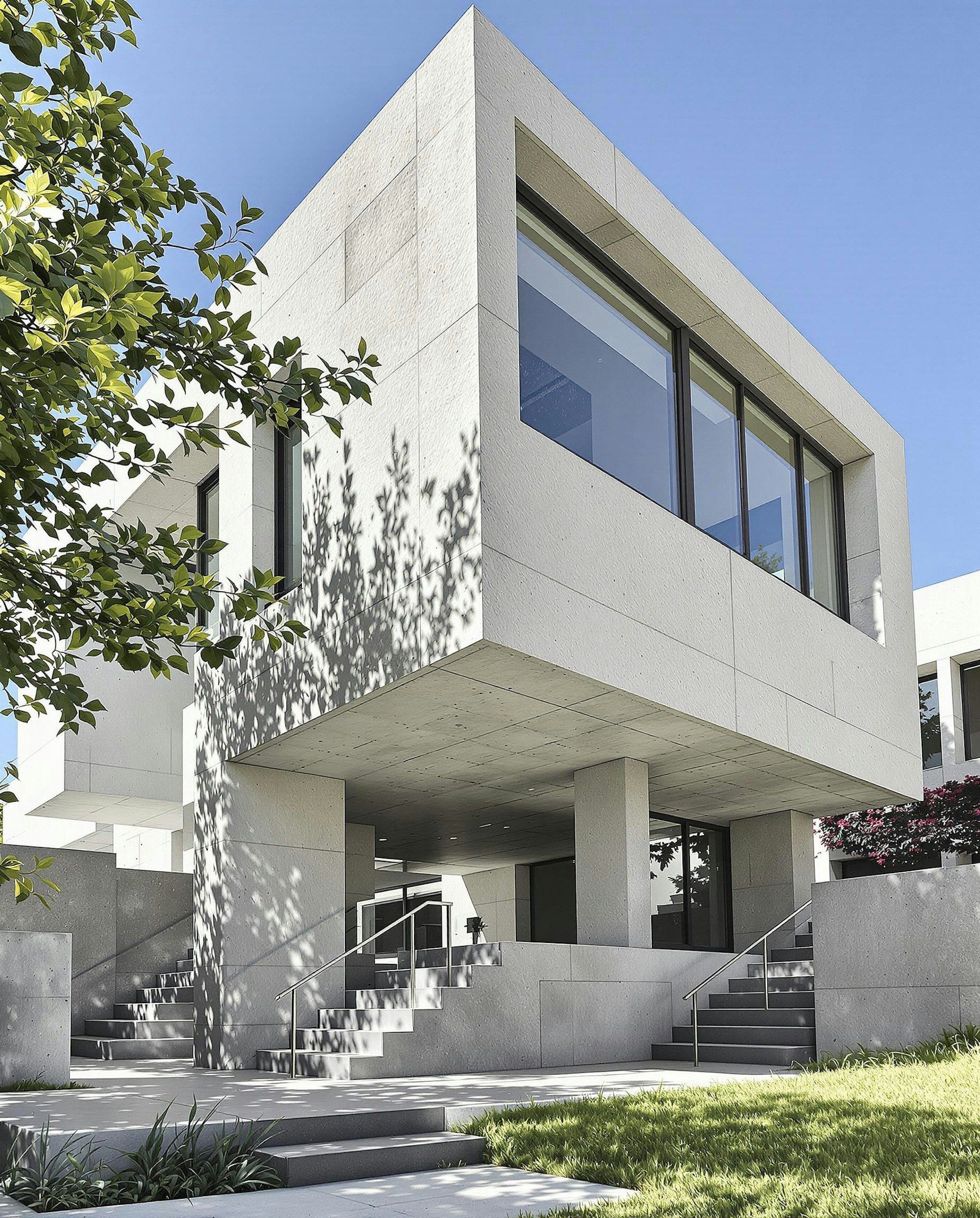 A white concrete building against a clear sky