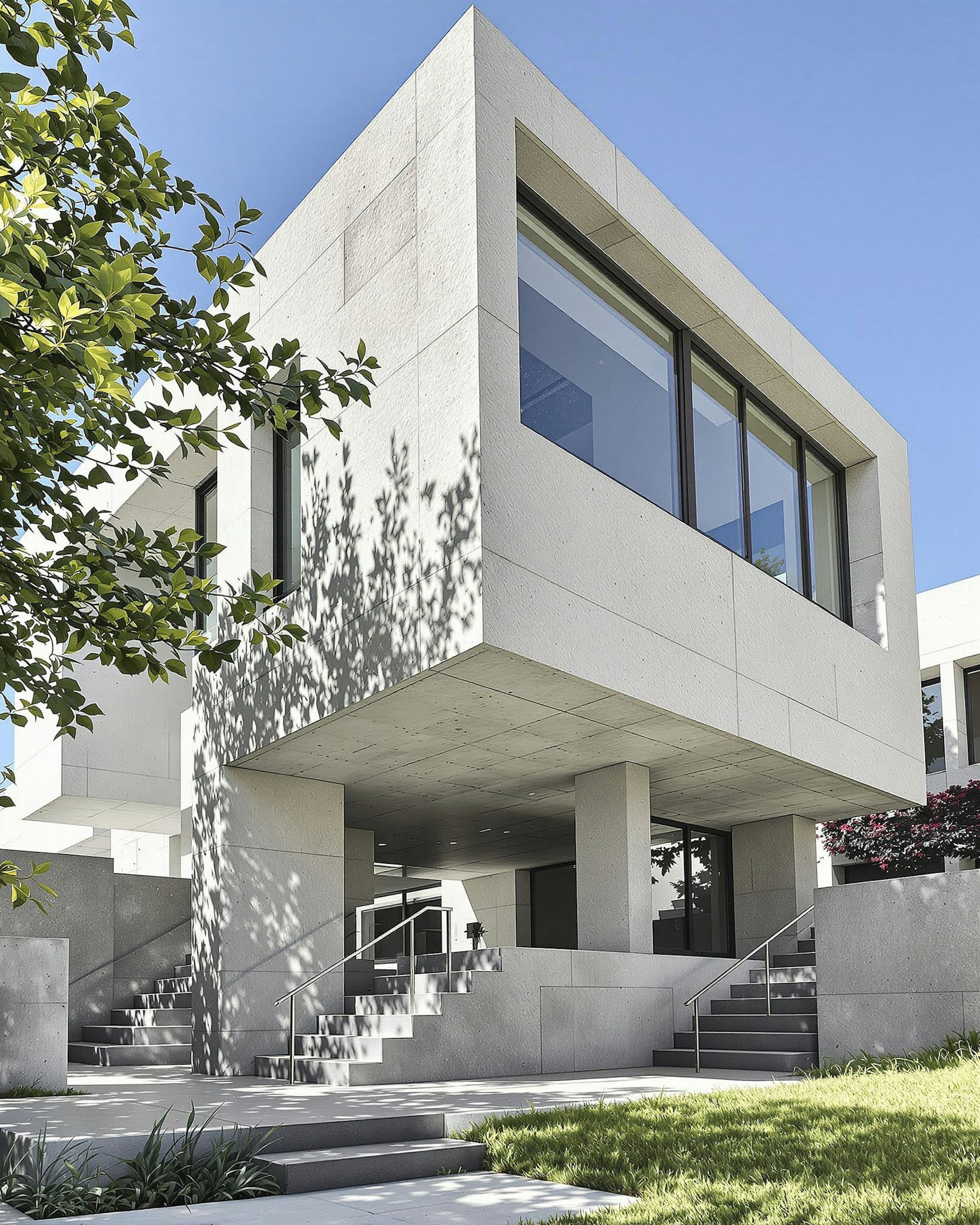 A white concrete building against a clear sky