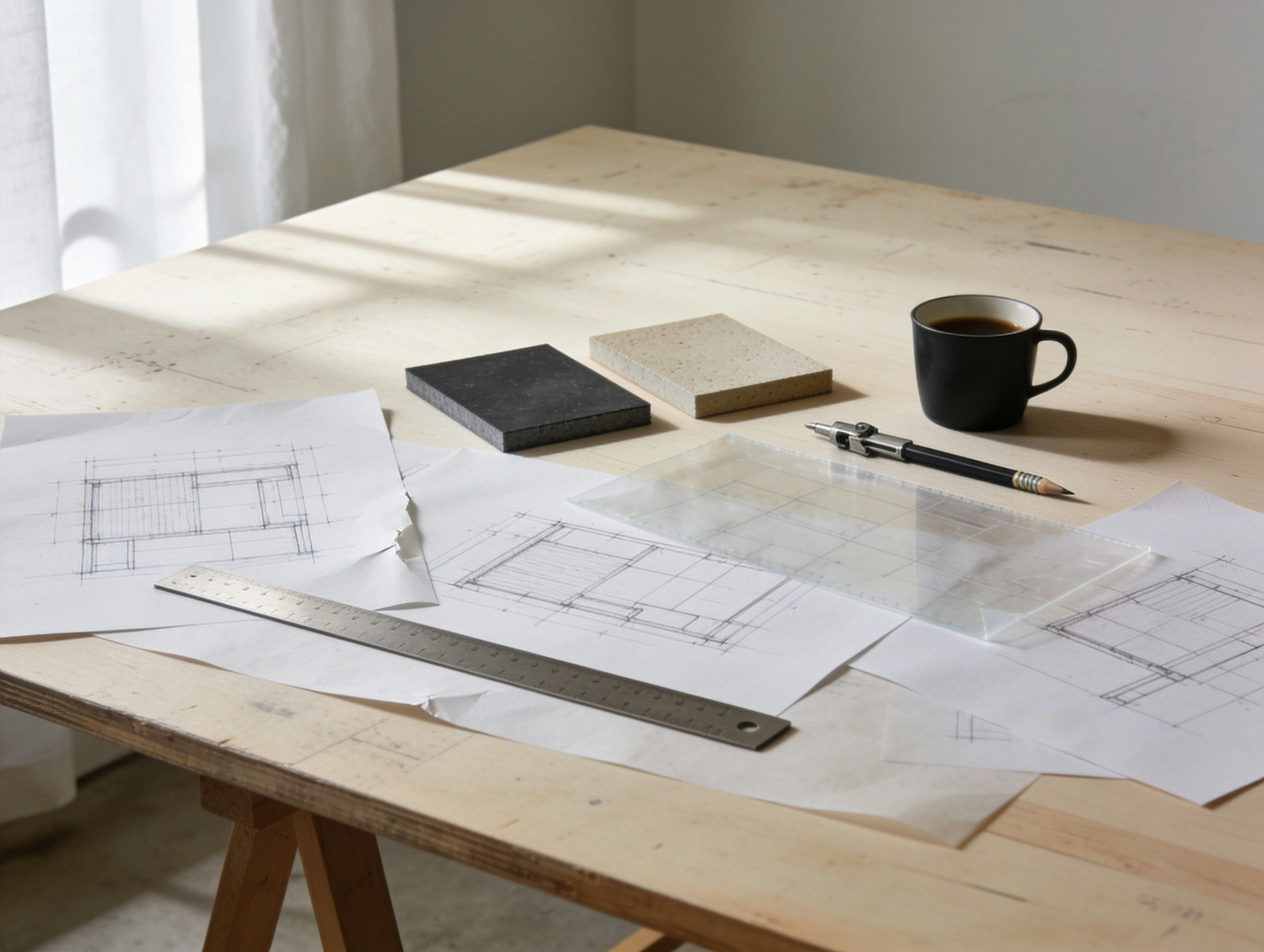 Architectural drawings and stationery on a sunlit desk