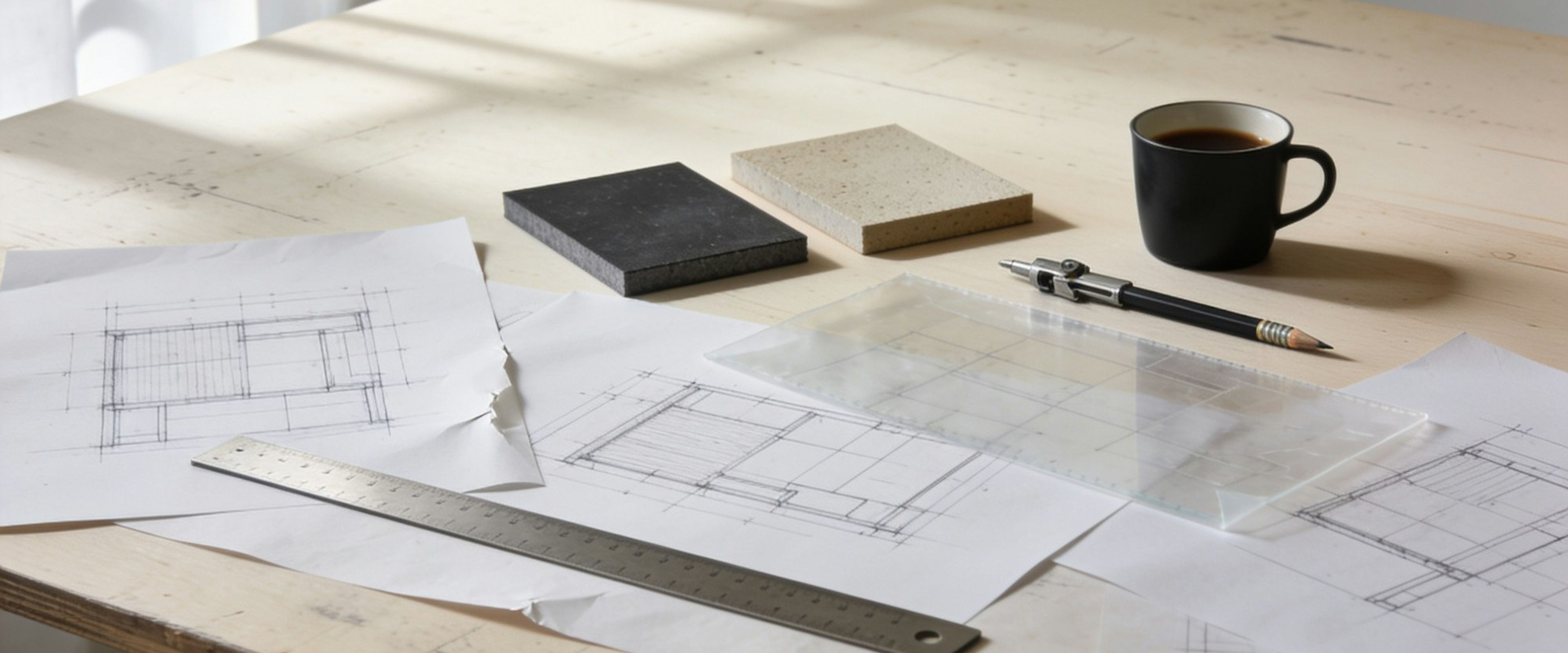 Architectural drawings and stationery on a sunlit desk