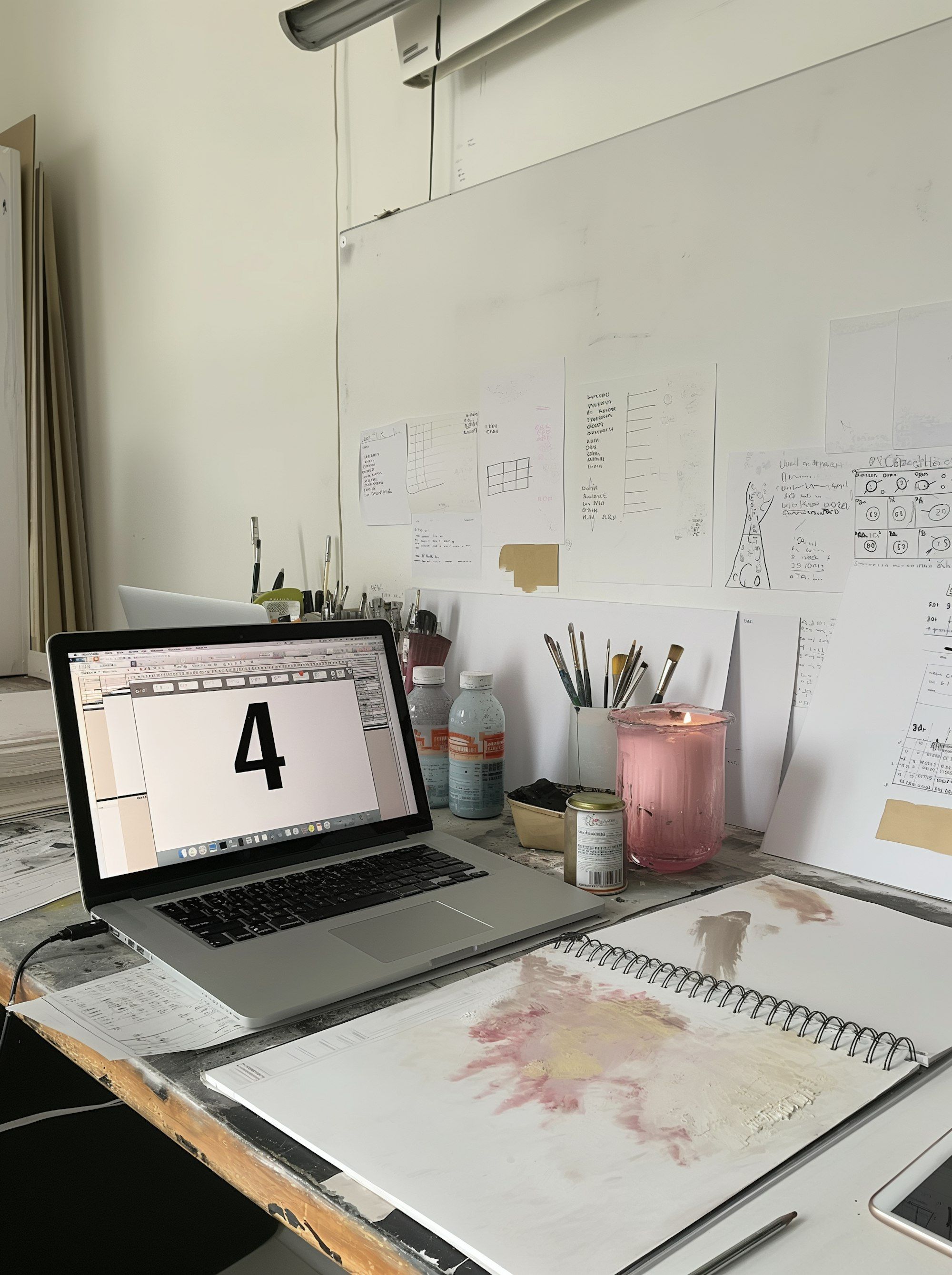 A studio desk with sketches pinned to the wall behind a laptop