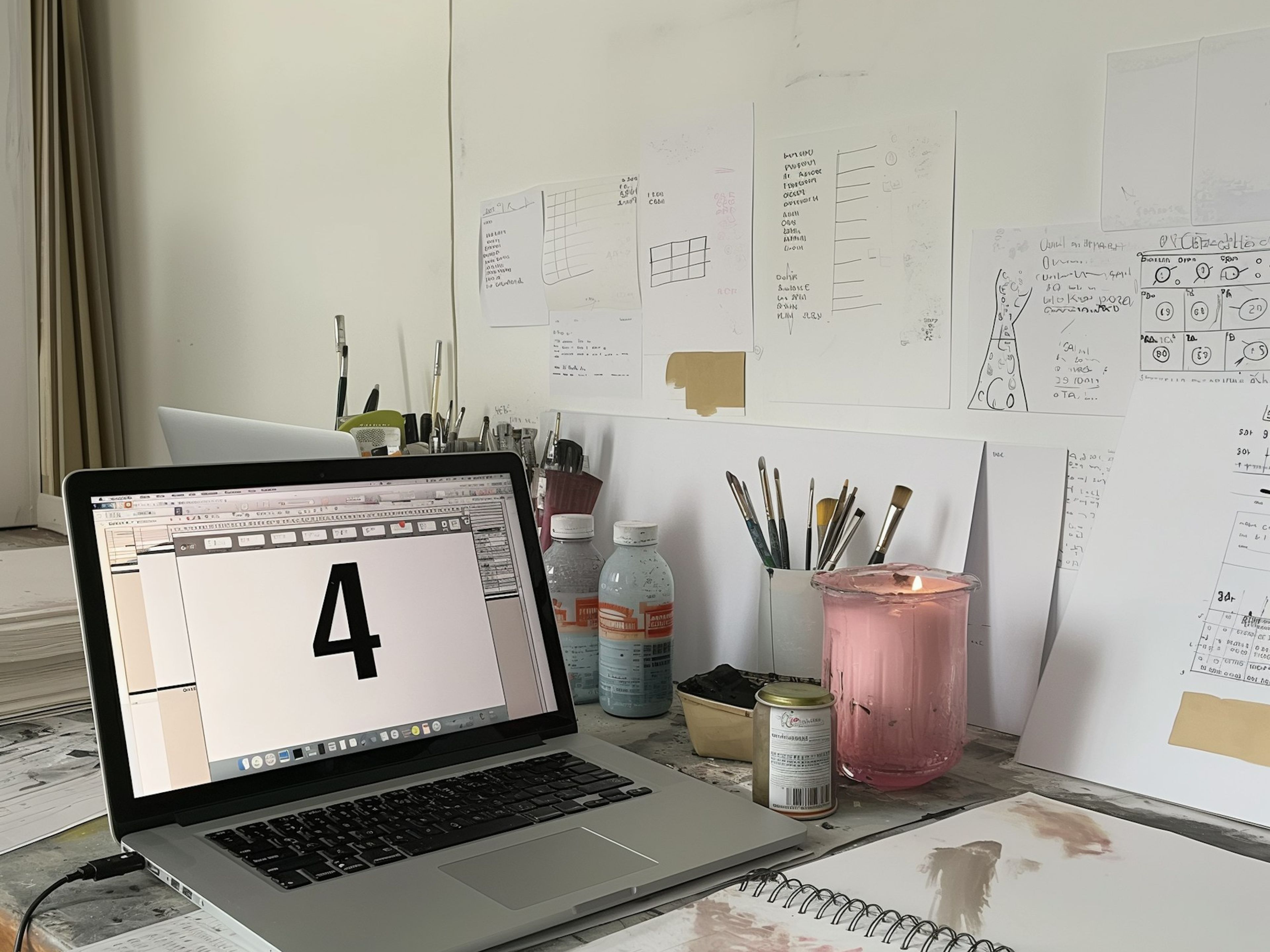 A studio desk with sketches pinned to the wall behind a laptop