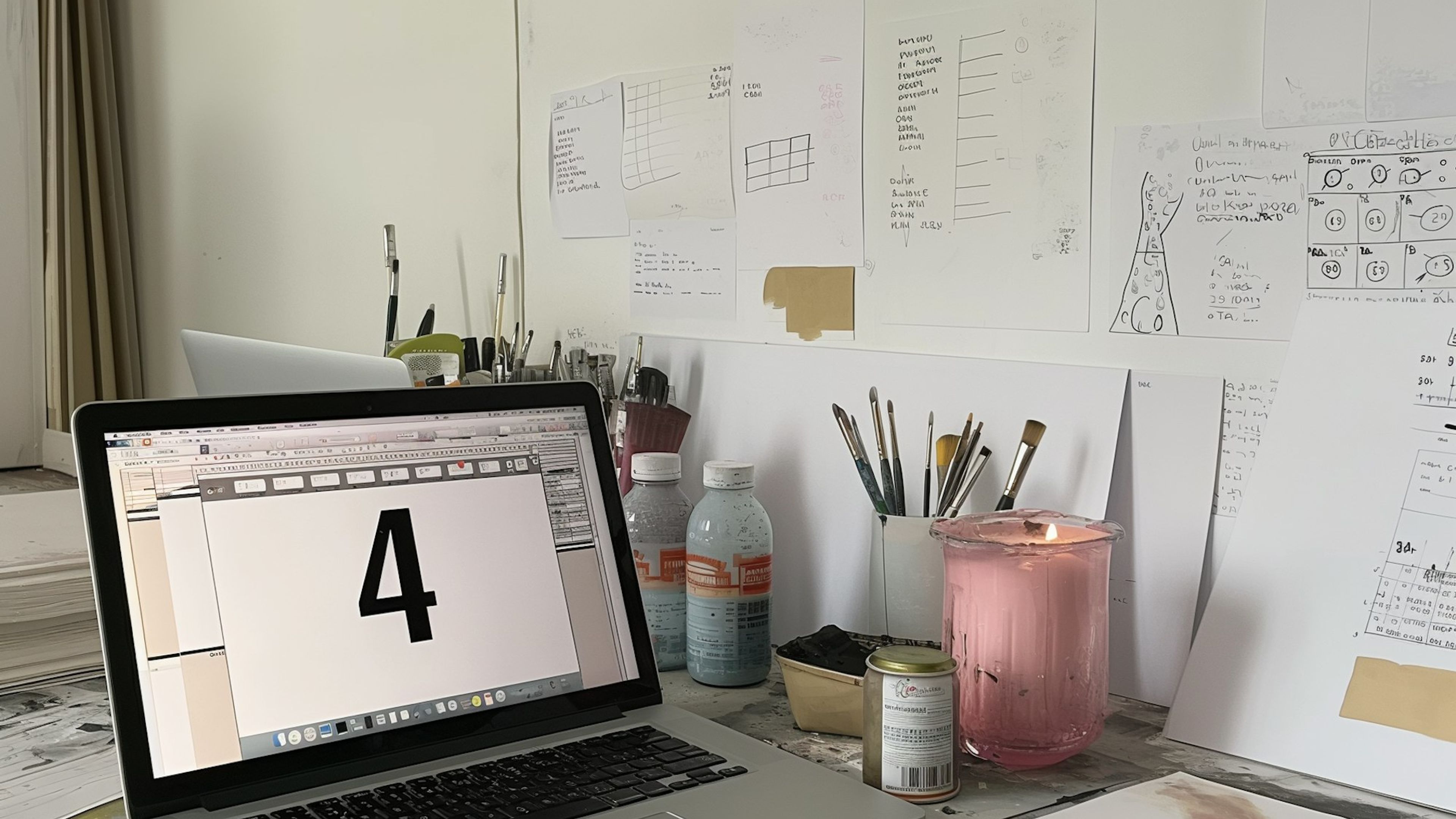 A studio desk with sketches pinned to the wall