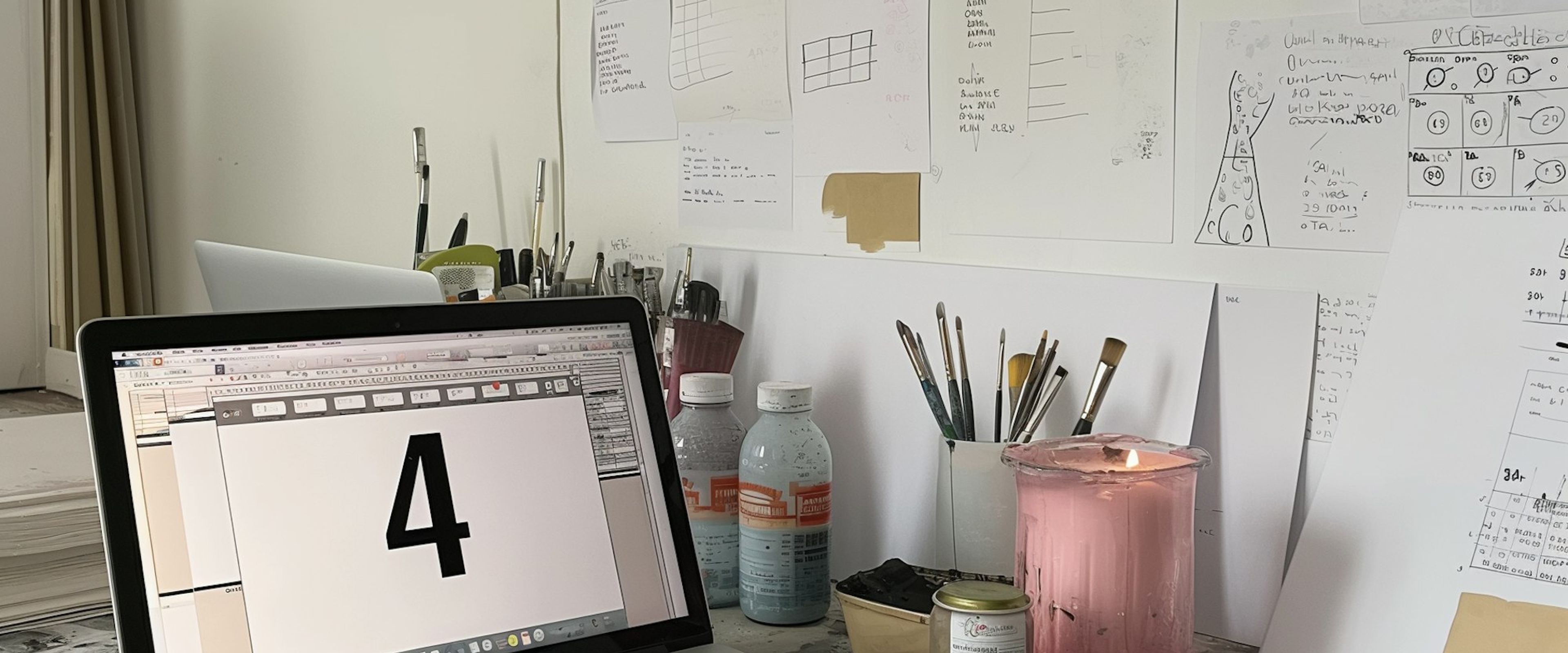 A studio desk with sketches pinned to the wall behind a laptop