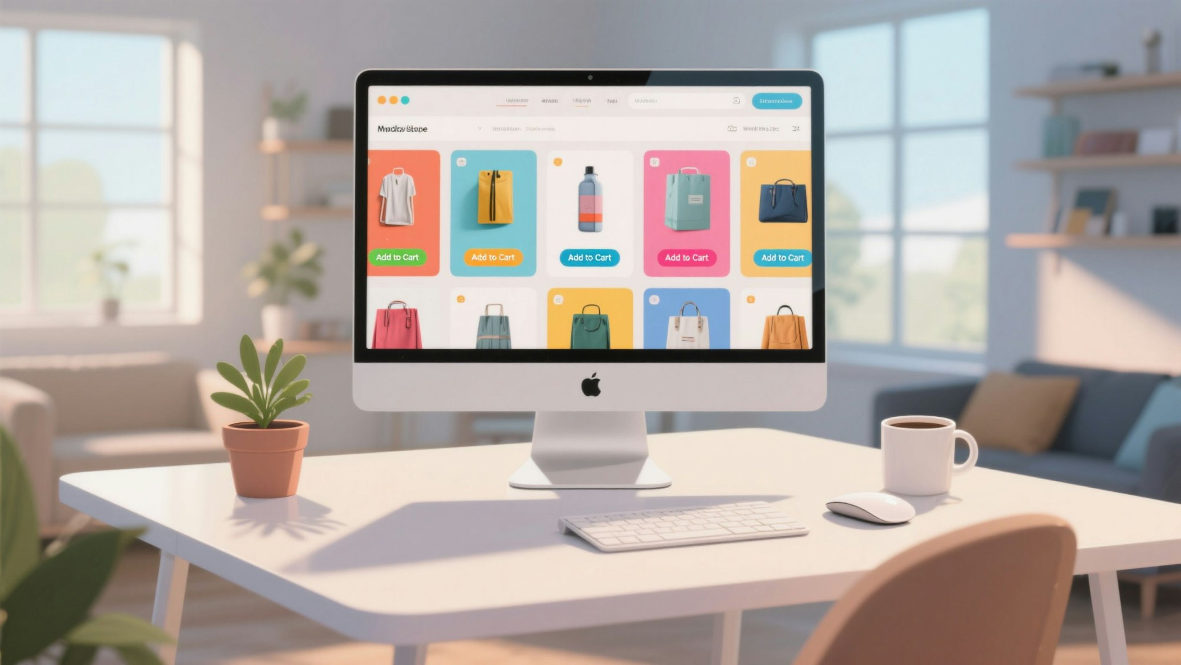 A desktop computer showing a colourful product interface