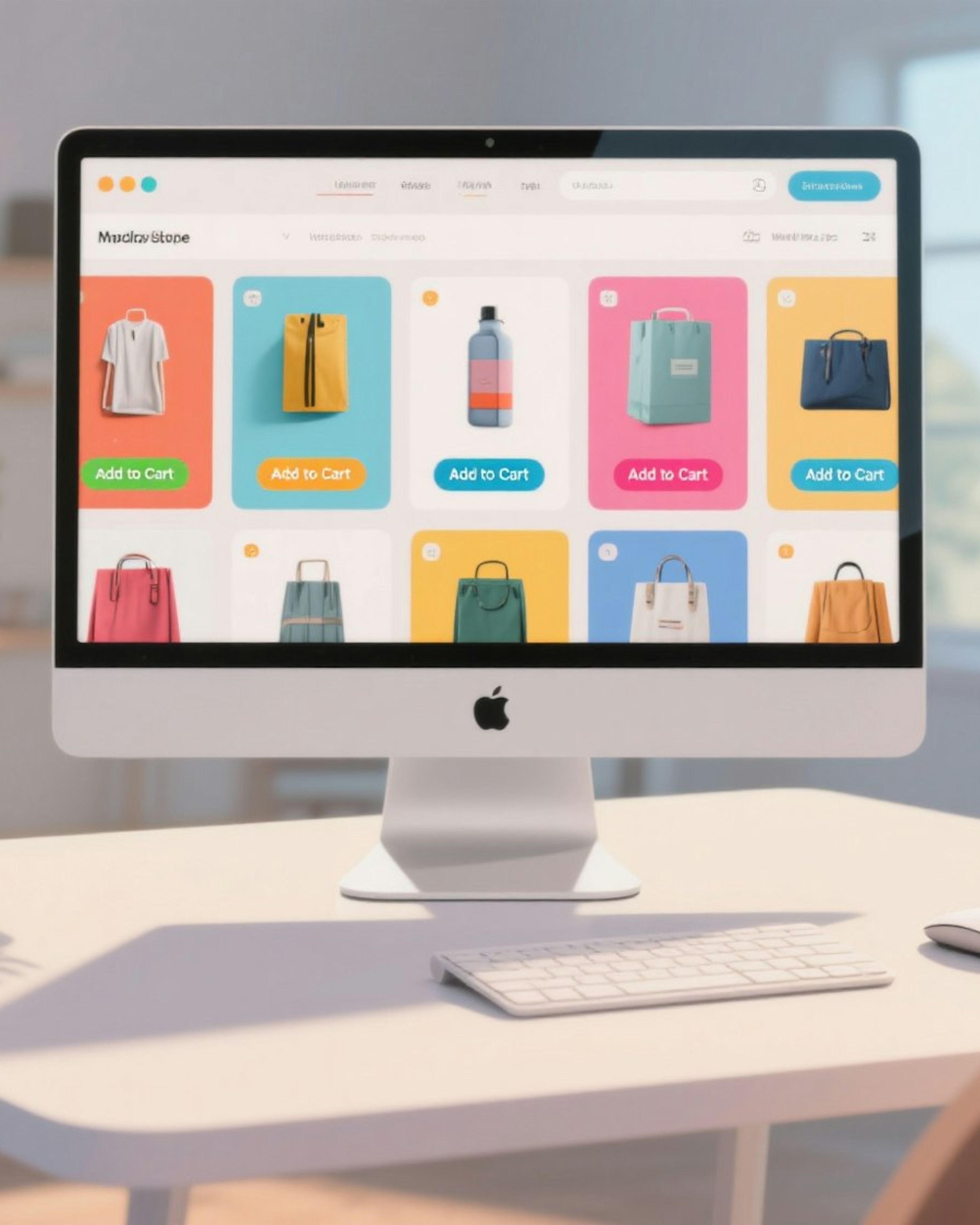 A desktop computer showing a colourful online store