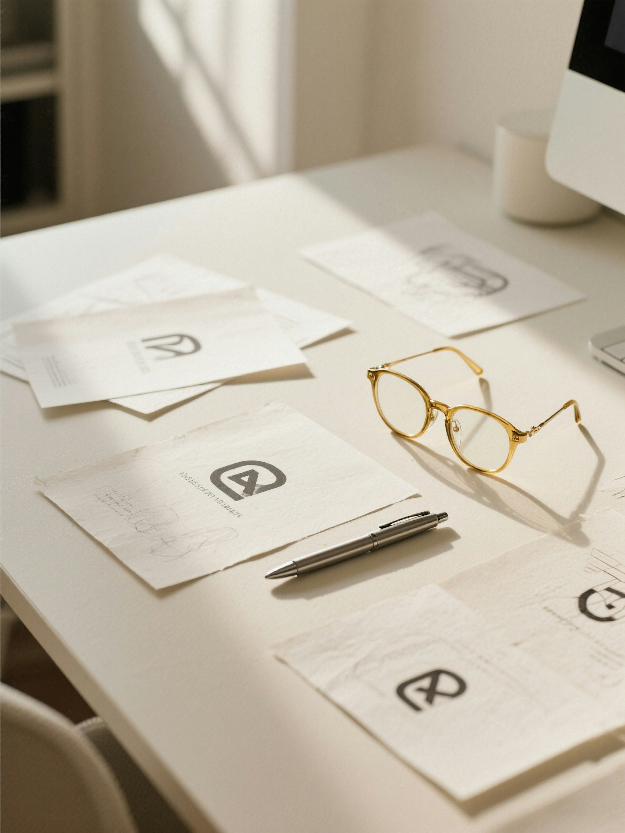 Logo sketches and glasses on a white desk