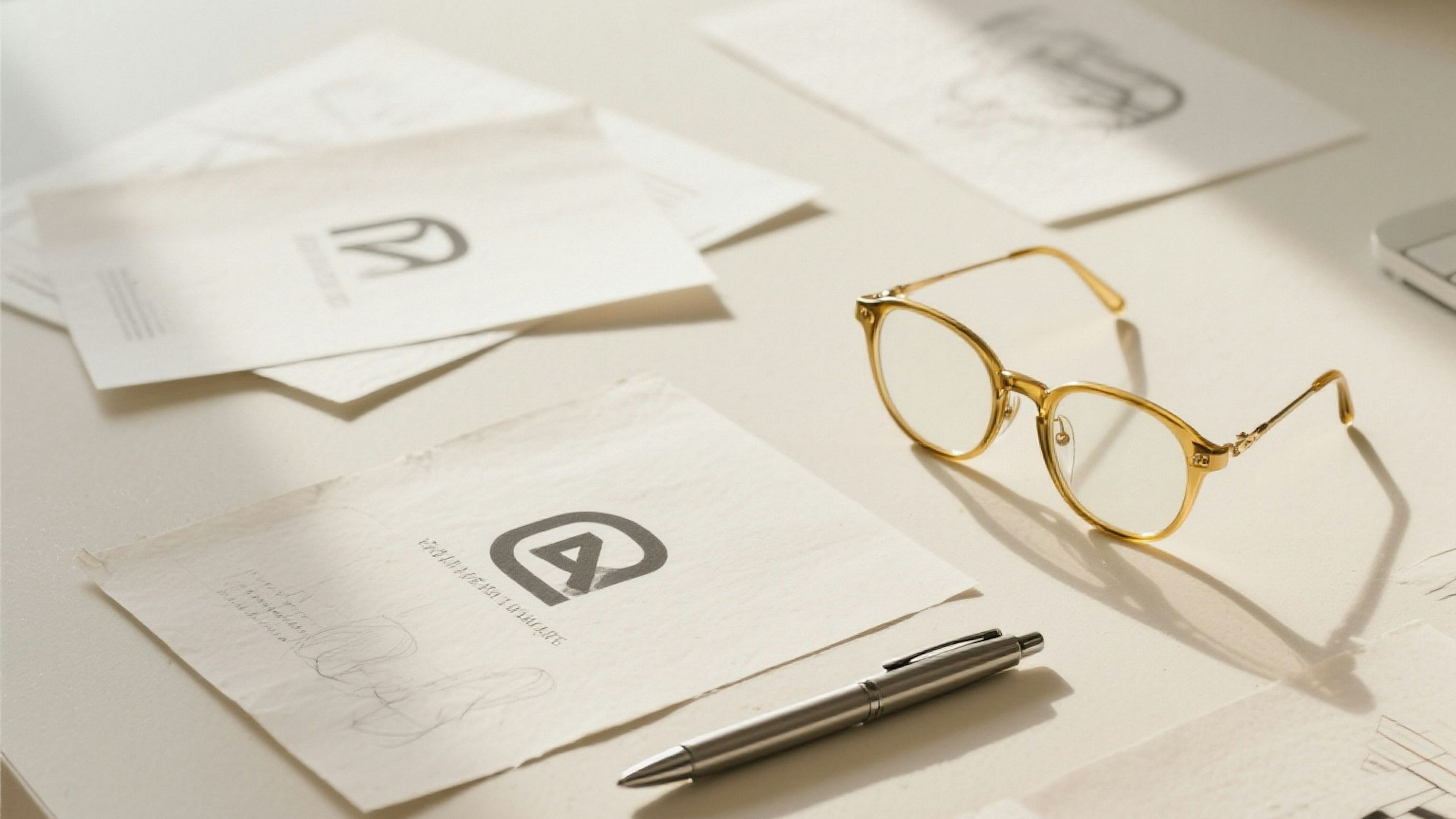 Logo sketches and glasses on a white desk