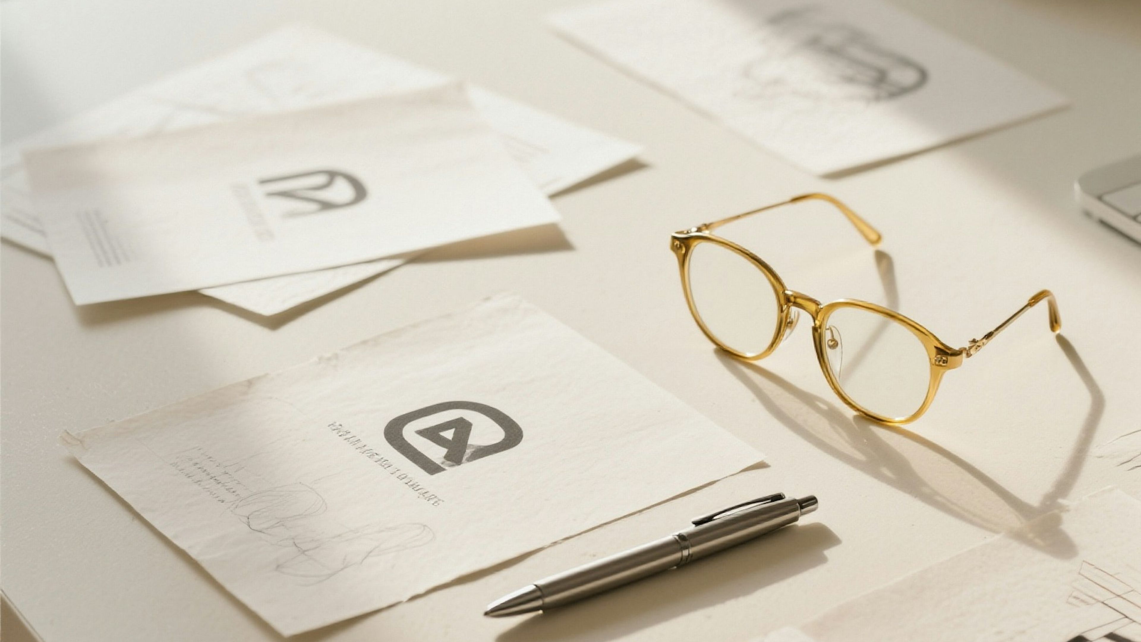 Logo sketches and glasses on a white desk