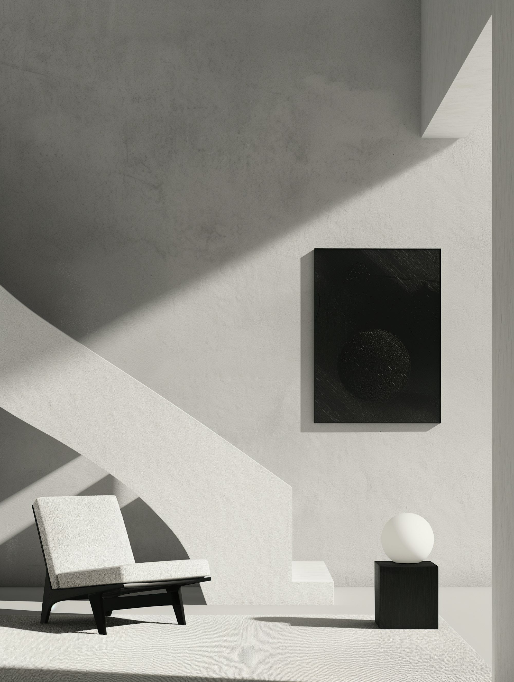 A minimal gallery room with a single black artwork
