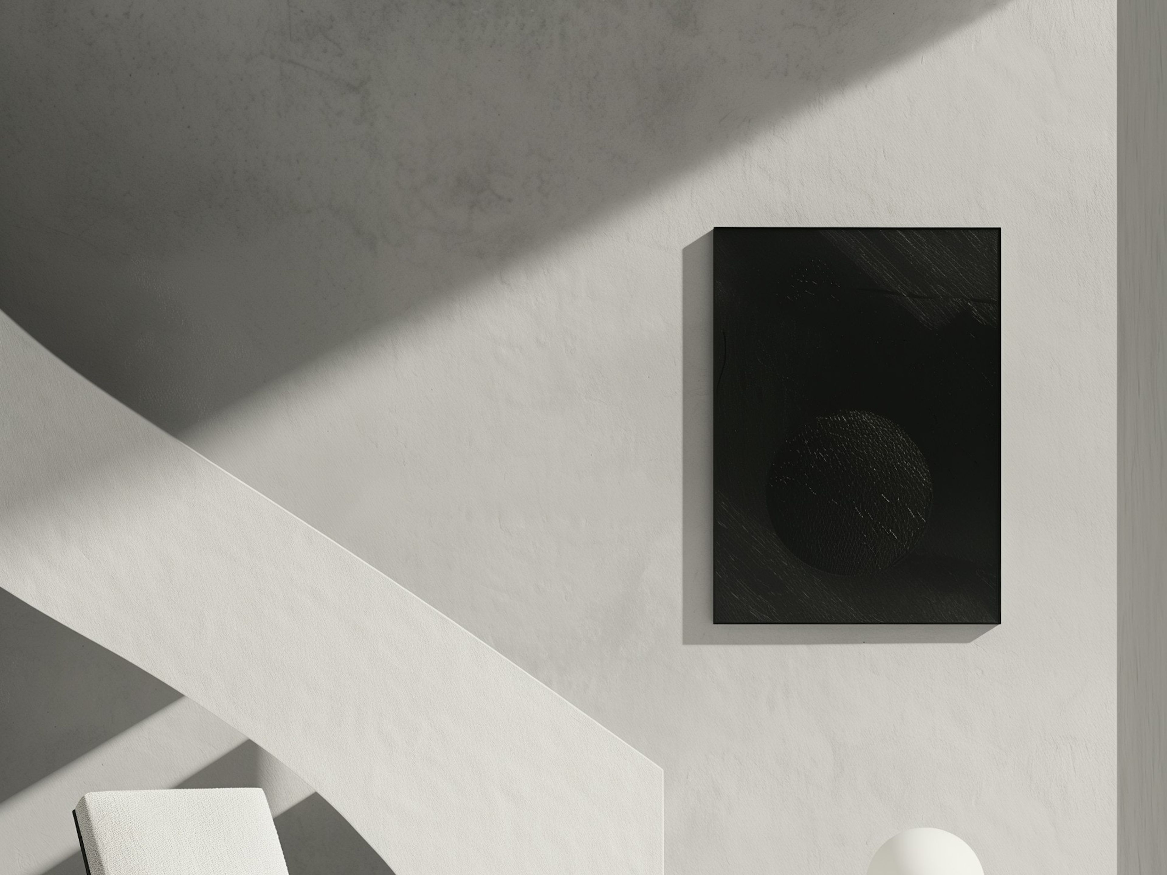 A minimal gallery room with a single black artwork