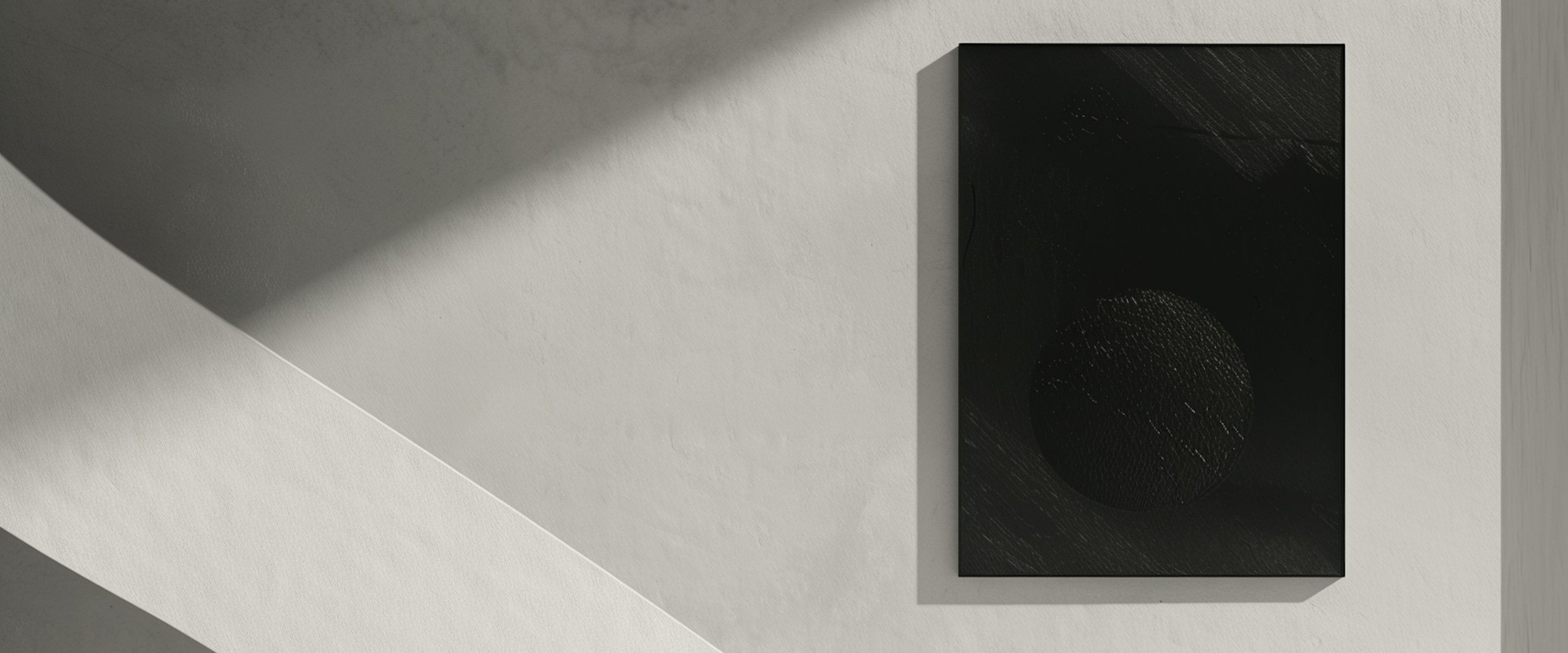 A minimal gallery room with a single black artwork