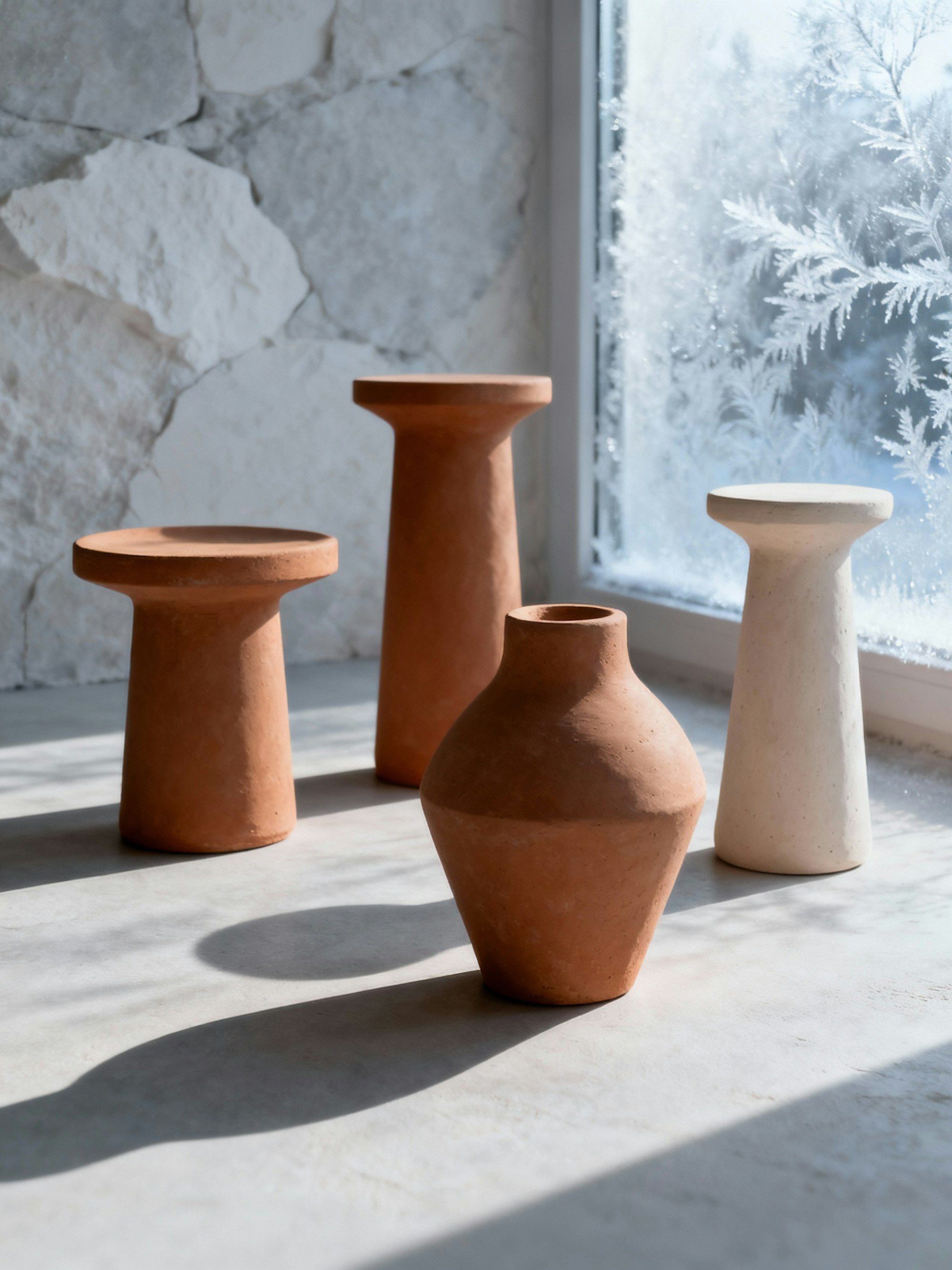 Terracotta vases and stools in soft window light