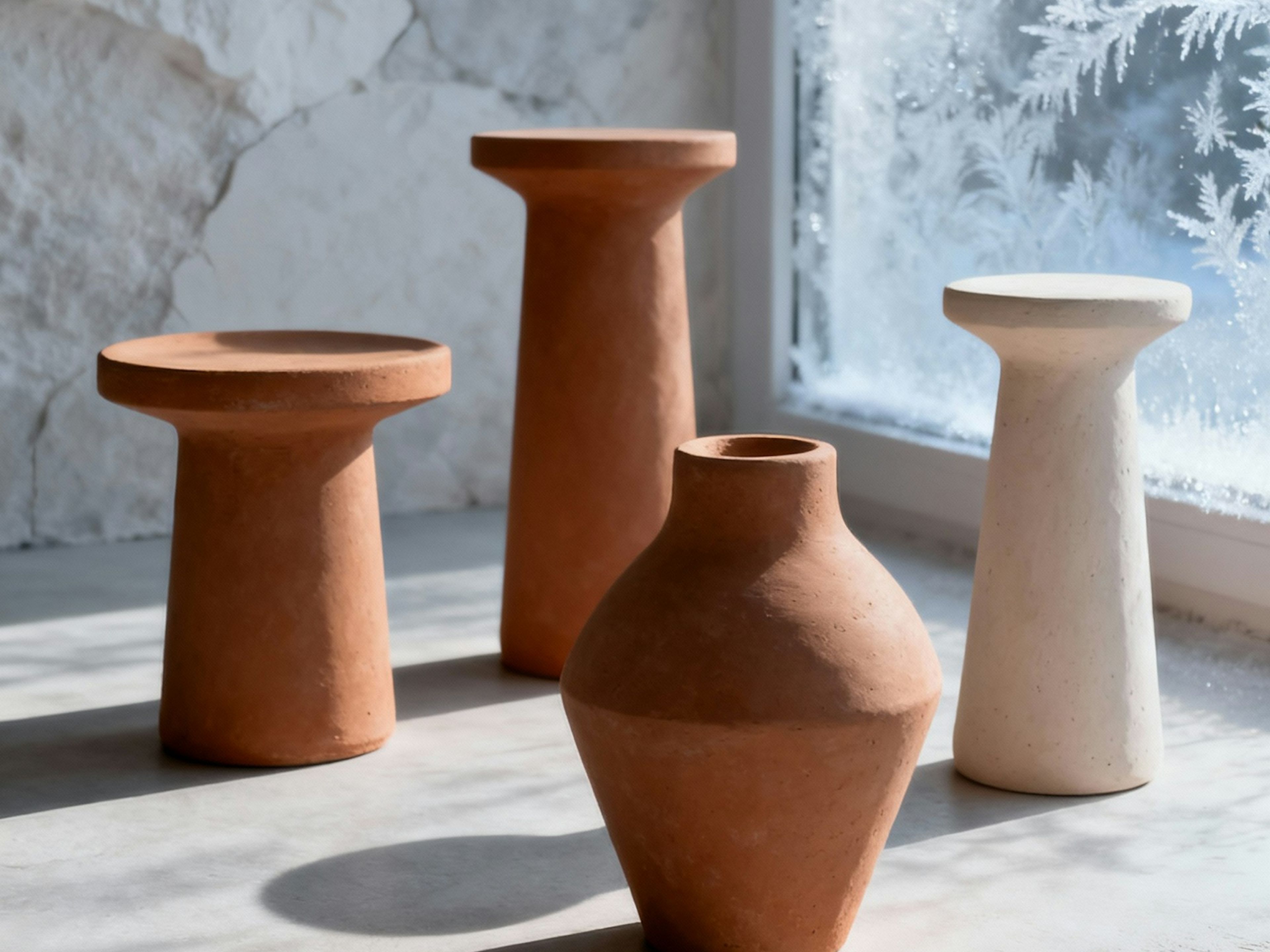 Terracotta vases and stools in soft window light