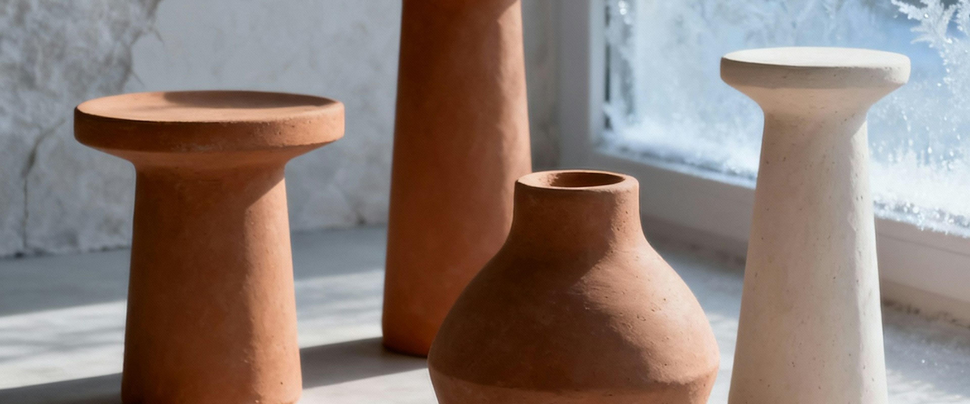 Terracotta vases and stools in soft window light