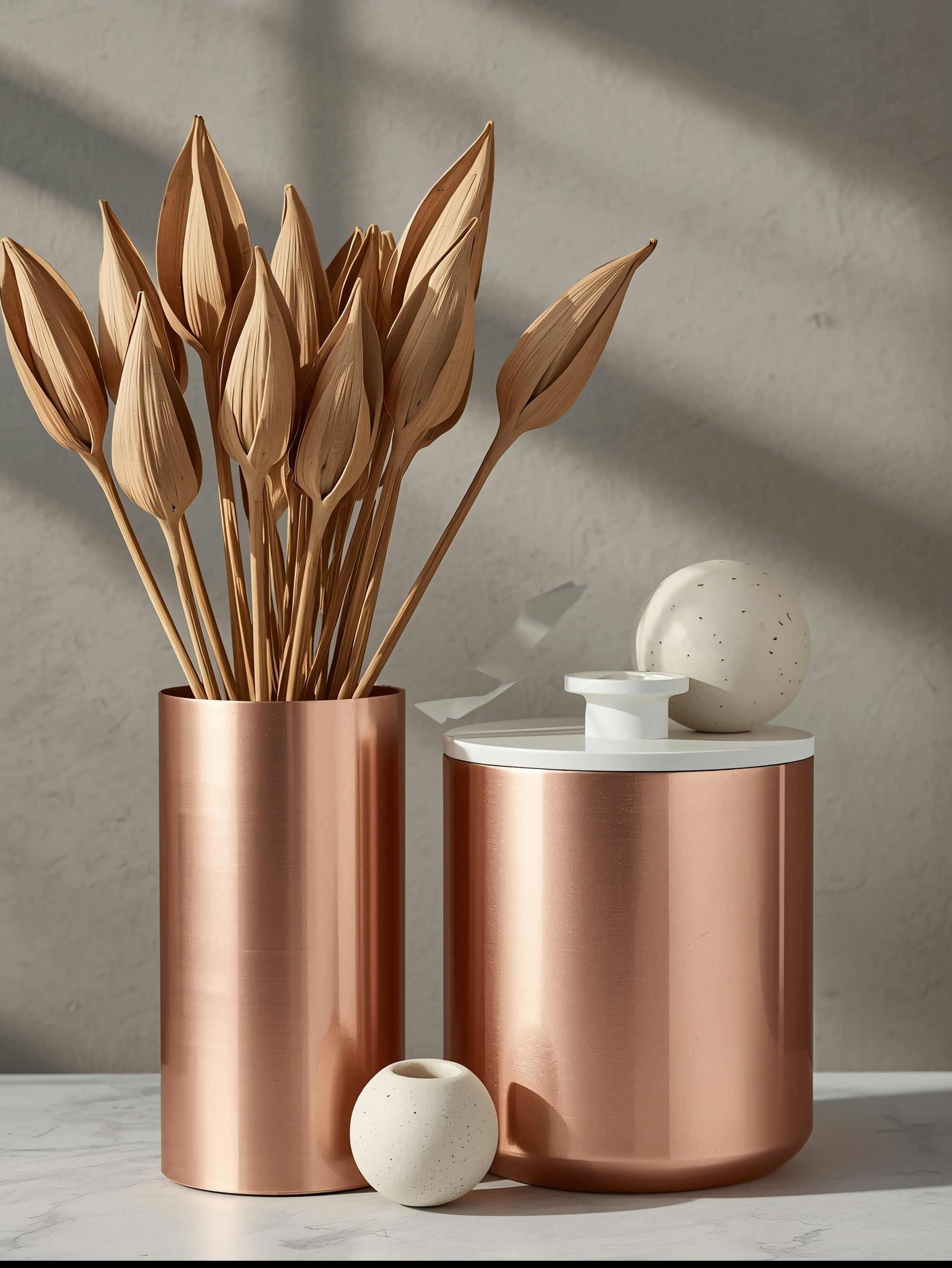 Dried branches in copper vessels