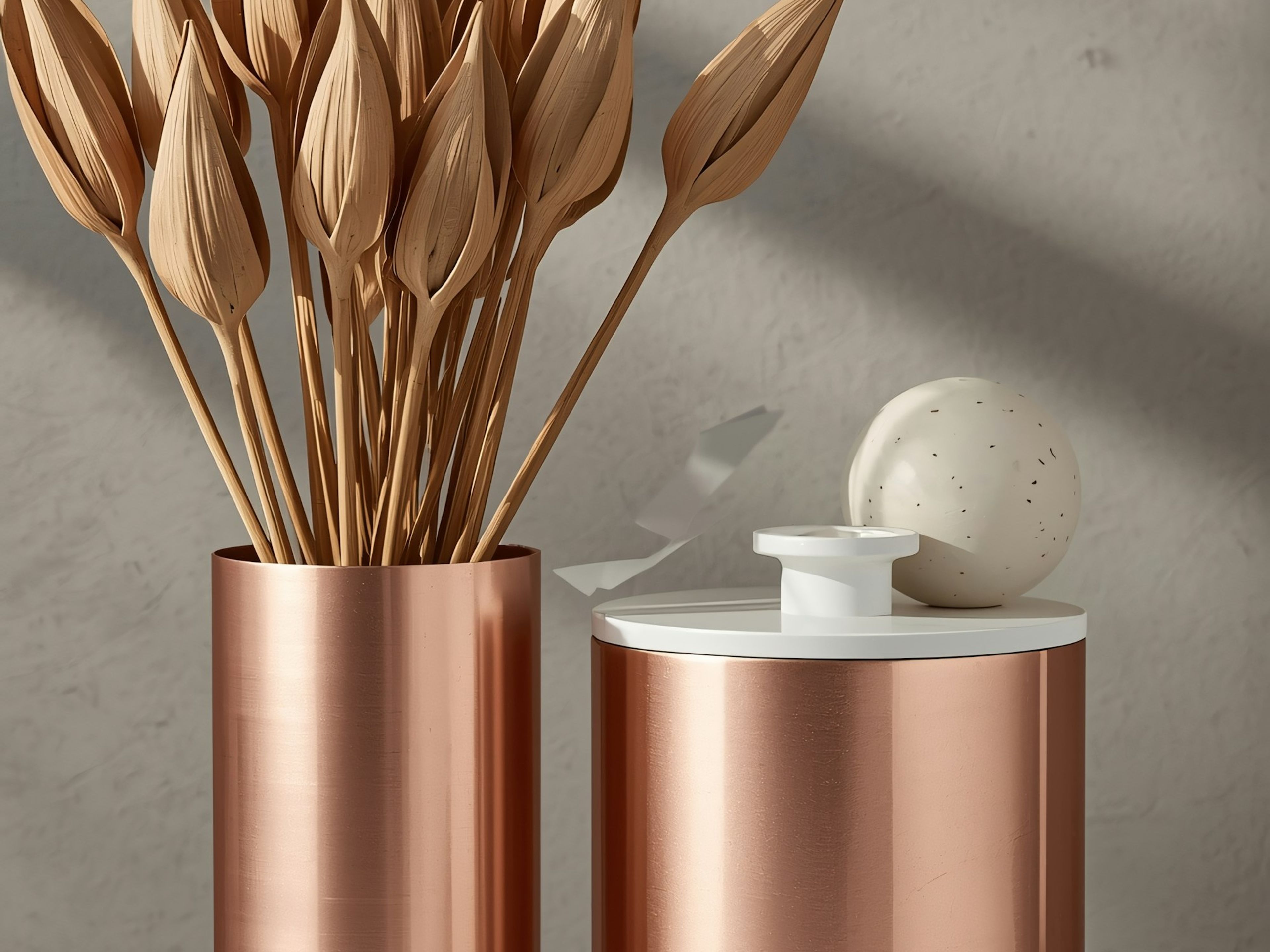 Dried branches in copper vessels