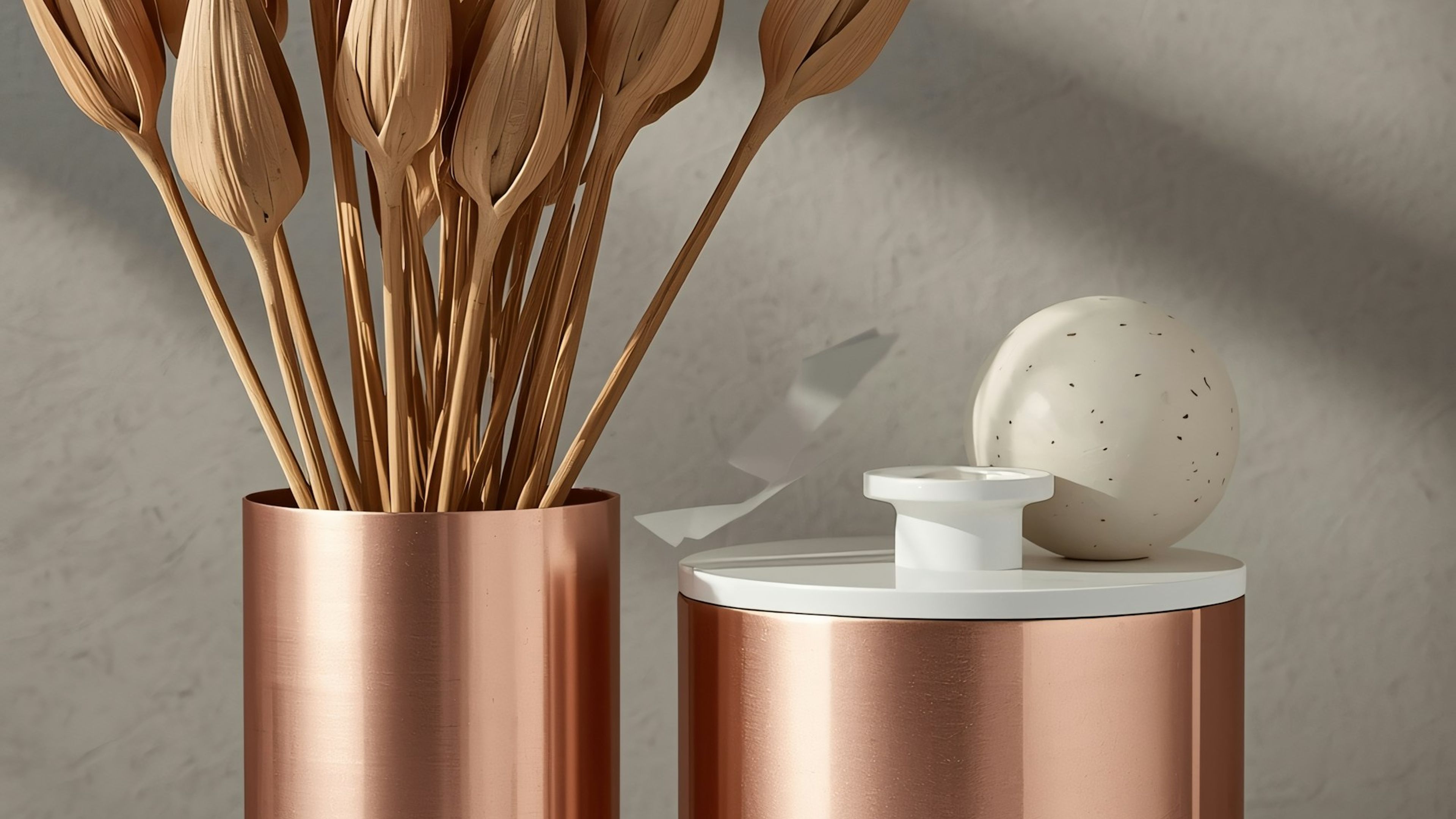 Dried branches in copper vessels