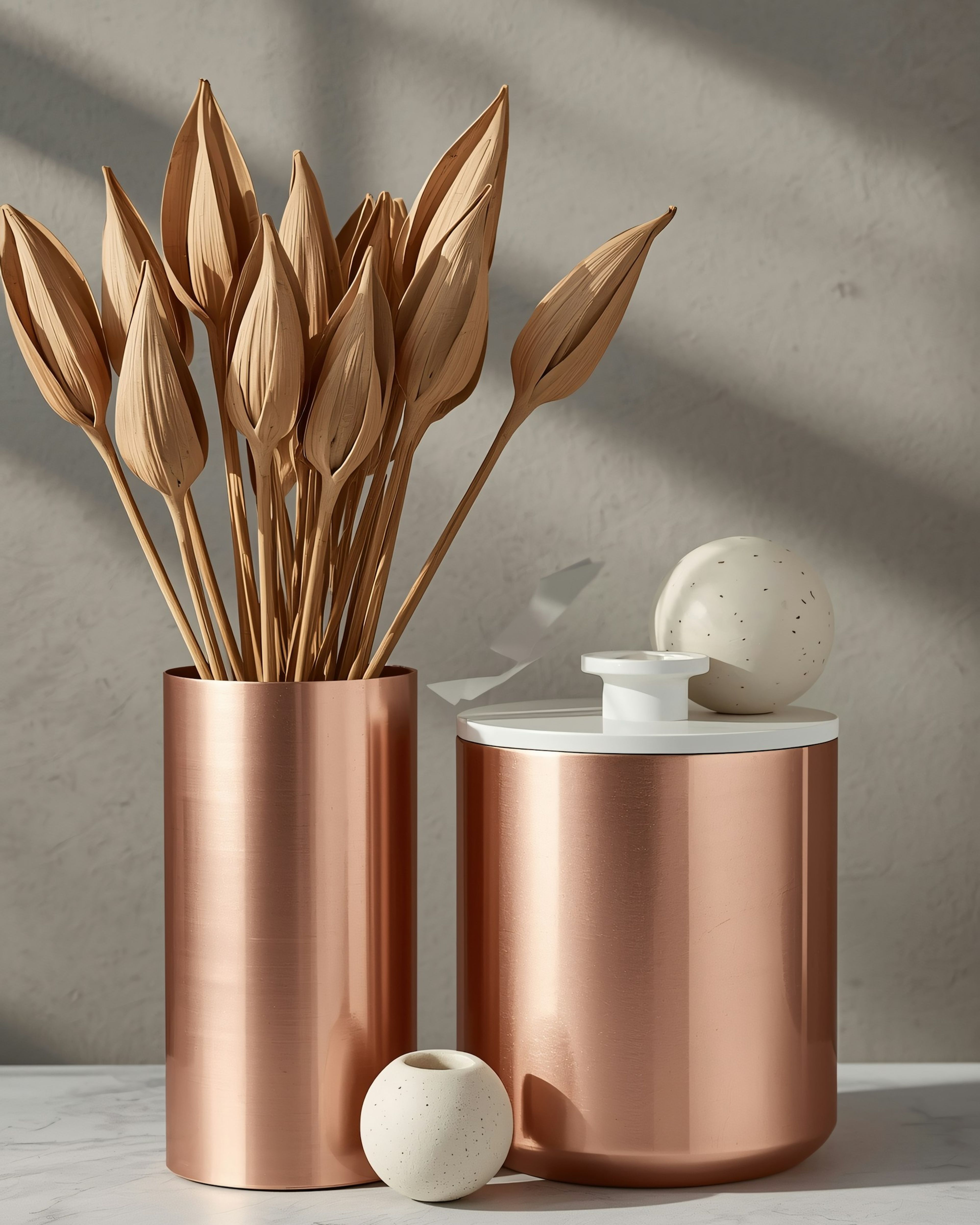 Dried branches in a stoneware vase by a window