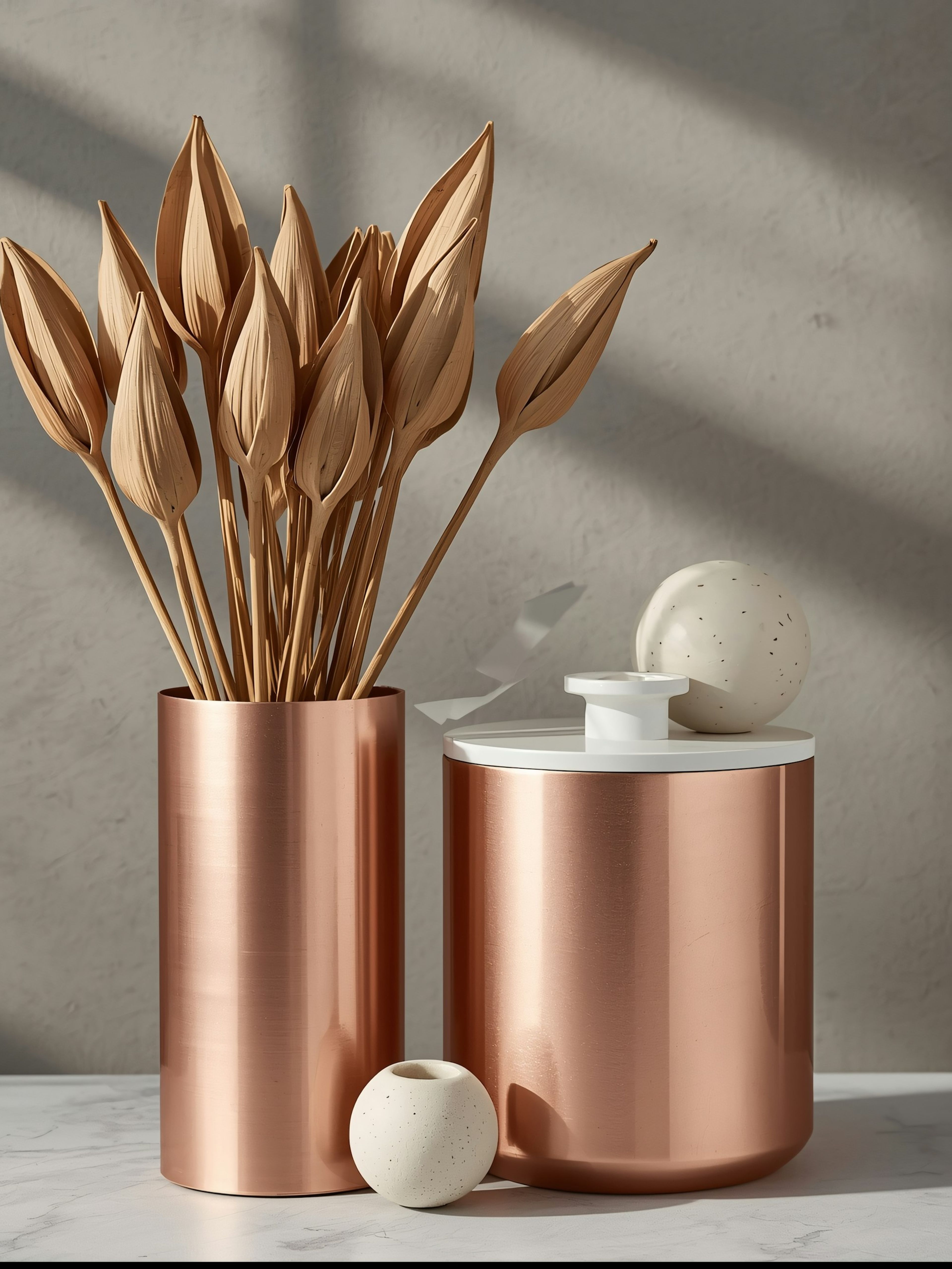 Dried branches in copper vessels