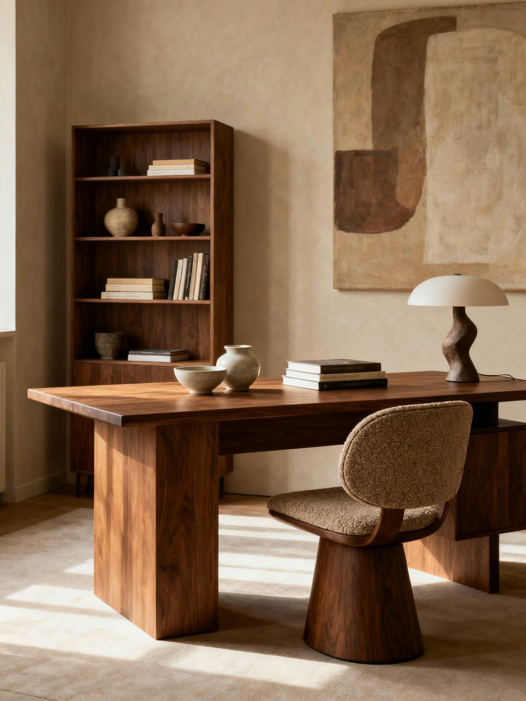 A walnut desk and chair in a warm, minimal study