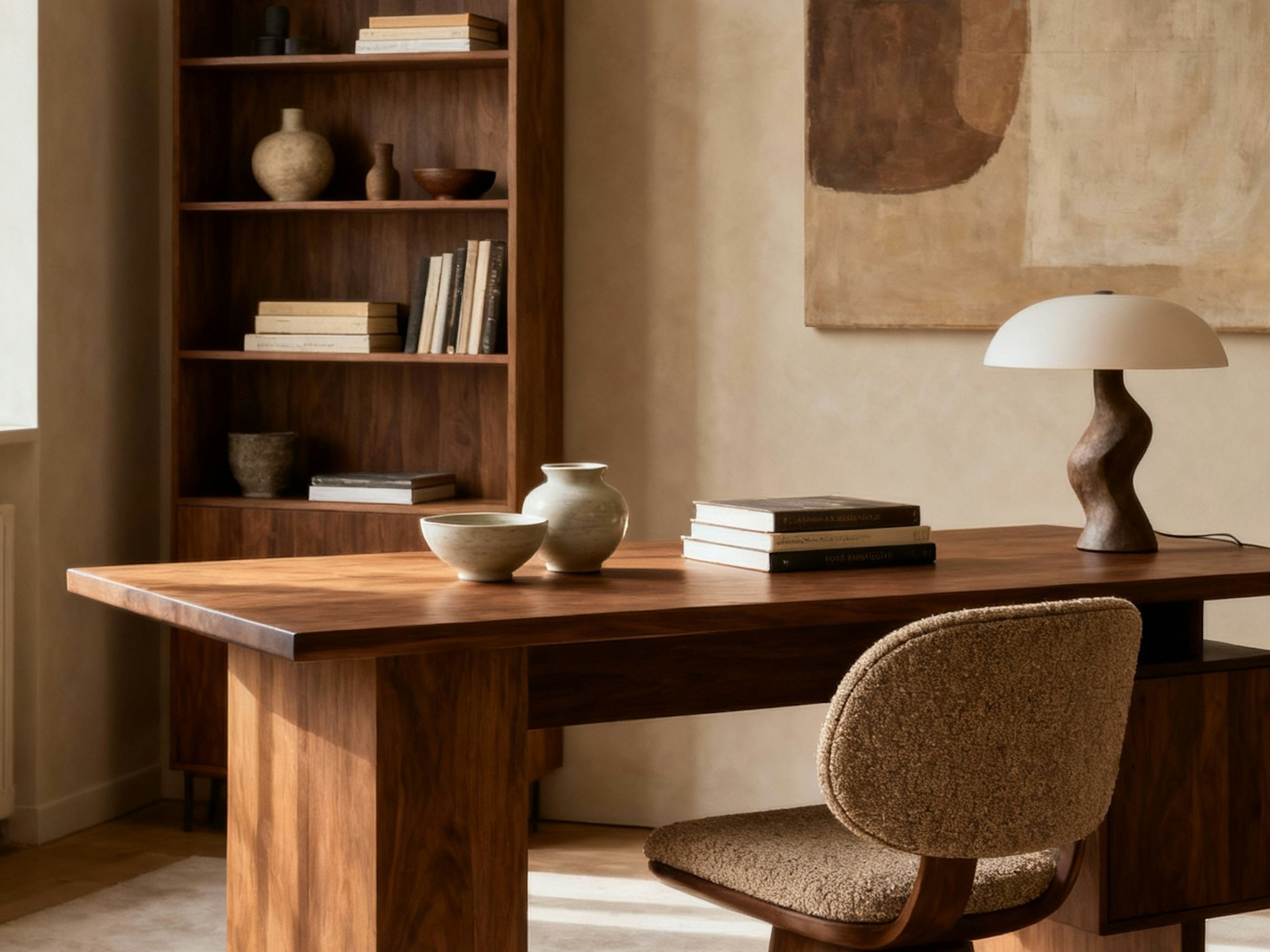 A walnut desk and chair in a warm, minimal study