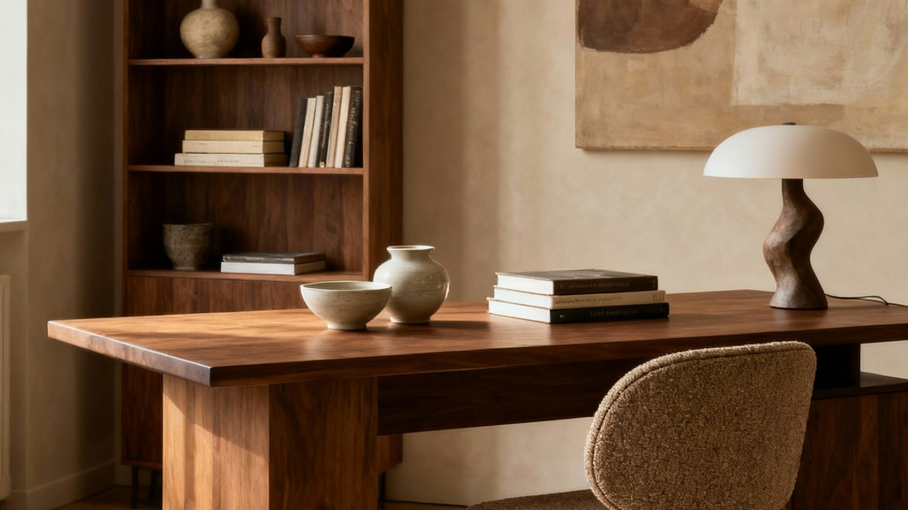 A walnut desk and chair in a warm study