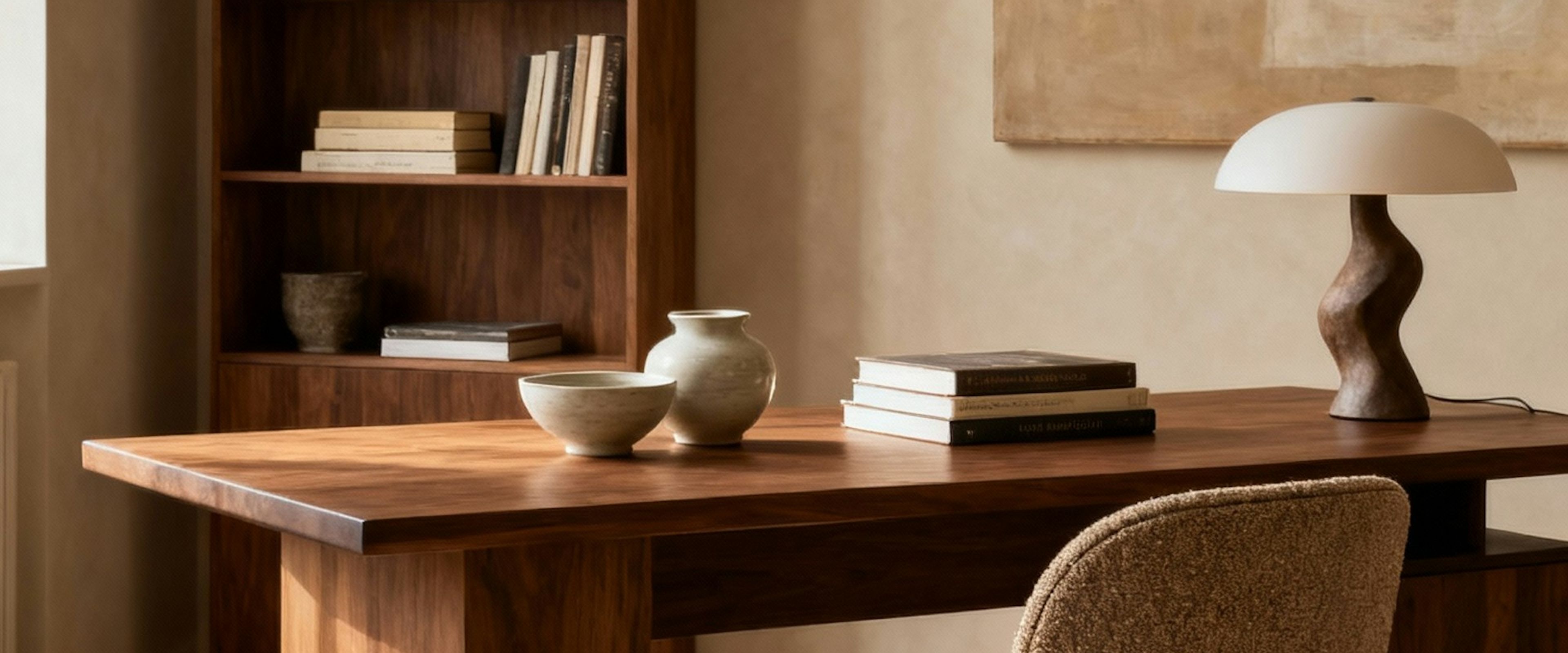 A walnut desk and chair in a warm, minimal study