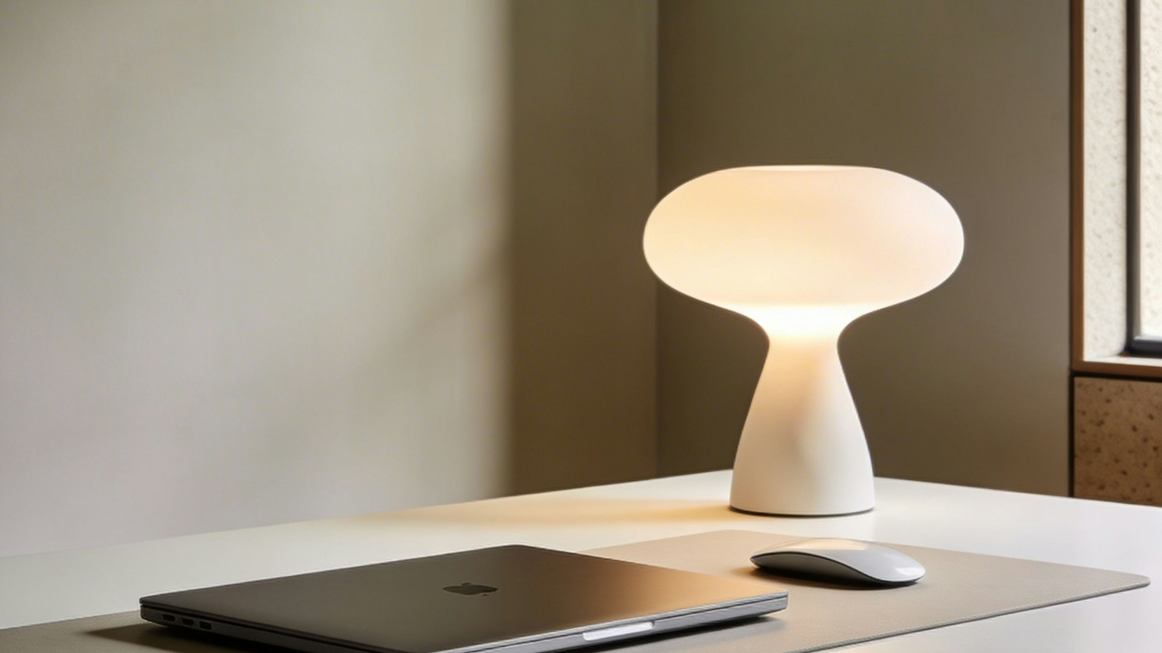 A mushroom lamp and laptop on a curved desk